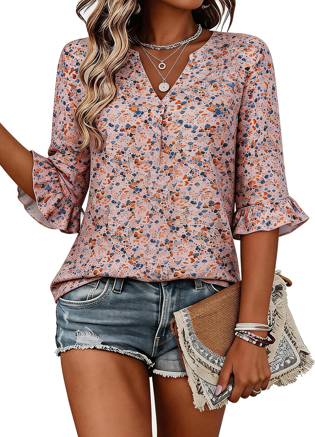 Bulotus 3/4 Length Sleeve Womens Tops Dressy Casual V Neck Blouses Work Casual Shirts Spring Tunics Beach Vacation