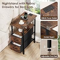 Vista 4 de Vagusicc End Table with Charging Station, Narrow Side Table, 23.8'' Tall Nightstand with 2 Fabric Drawers, Small Sofa Side Table Narrow Nightstand