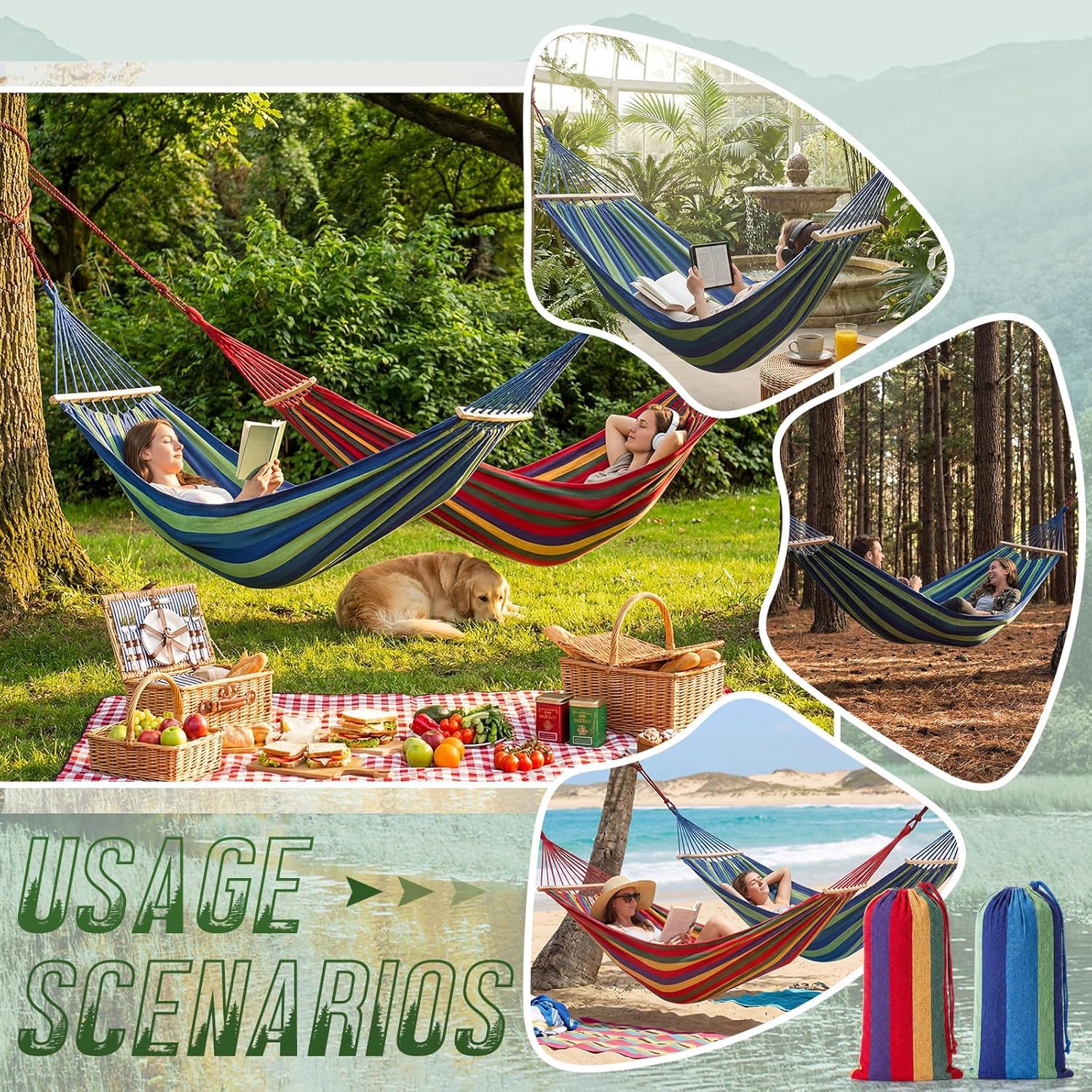 SATINIOR 2 Pack Canvas Portable Camping Hammocks for Outside, 660lb, Large 305 x 150 cm Metal Knot Hanging Hammock with 2 Carrying Bag 4 Tree Strap 4 Anti Roll Balance Beam for Patio Backyard Outdoor