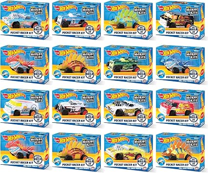 Hot Wheels Build & Race Pull Back Cars Pocket Racer, 16 Pack | Snap-fit assembly, pull-back motor, Ages 6+, boys toys, collect and trade kids car toys, Mini Maker Kitz by Bladez Toyz