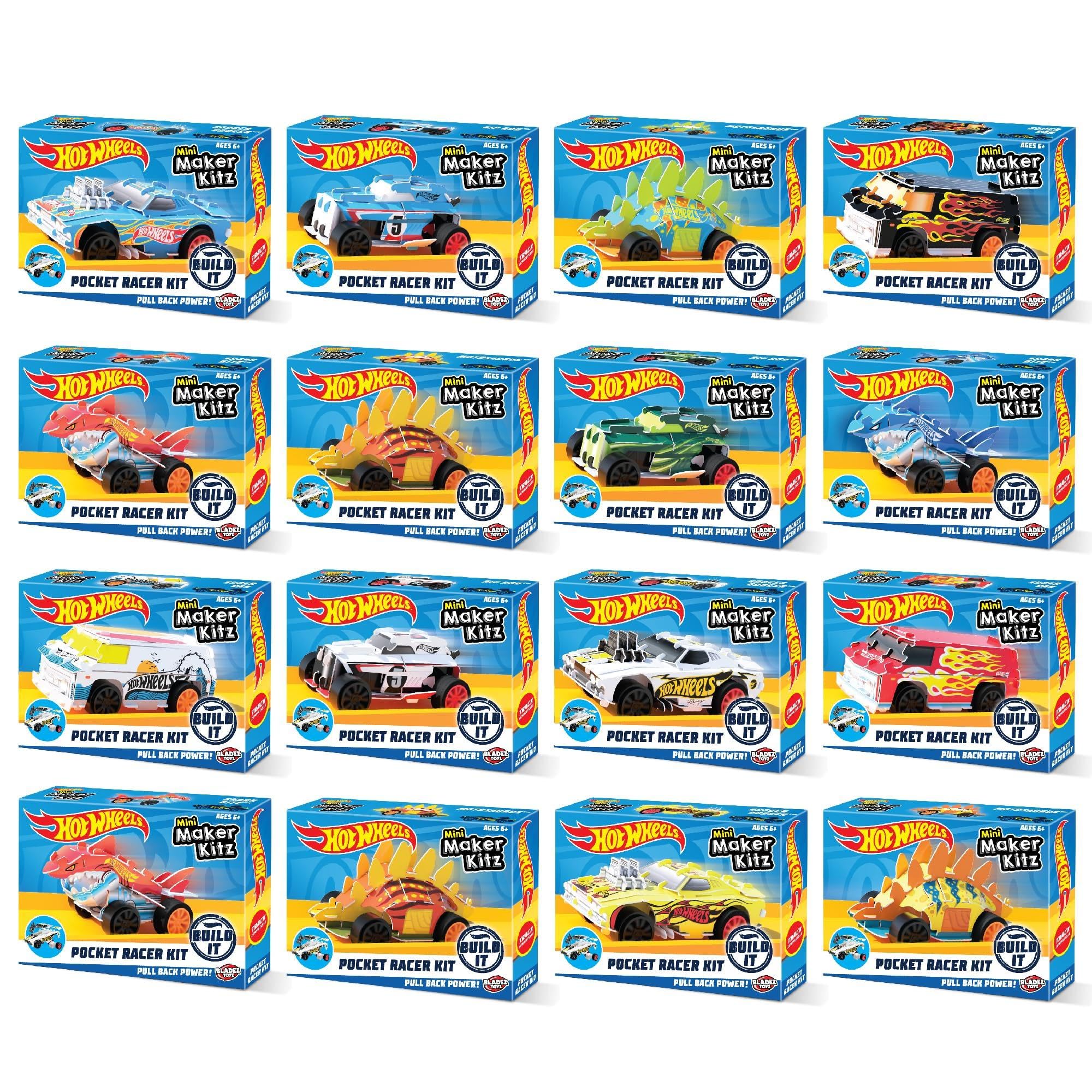 Hot Wheels by Bladez Toyz Pocket Racer Maker Kitz 16 Pack - Build & Race Mini Cars - Pull-Back Motors for Turbo Performance & Easy Snap-Fit Assembly - Works on Hot Wheels Track - COLOURS WILL VARY