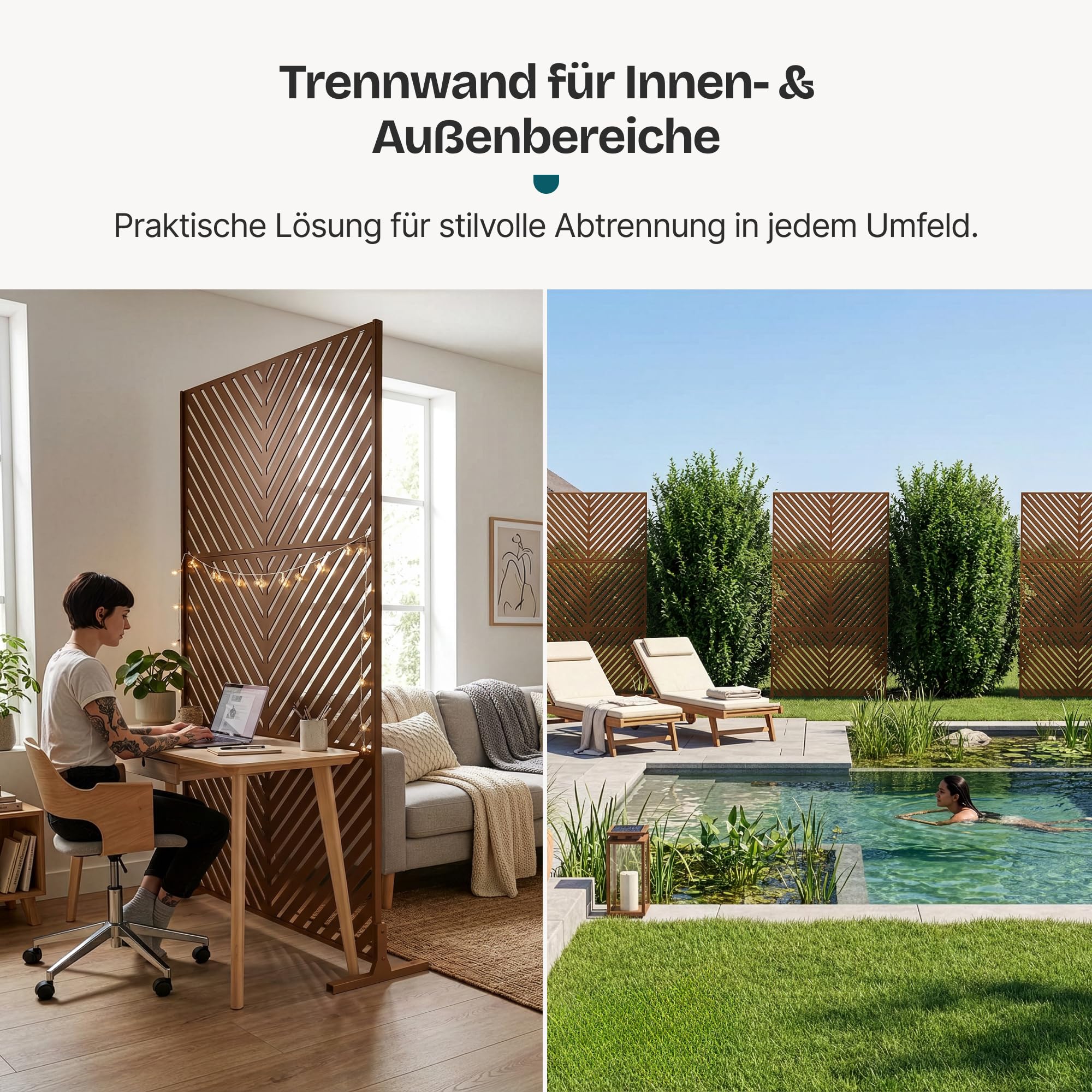 casa.pro Trennwand Kekan Raumteiler 180 x 90 cm Sichtschutz Outdoor Indoor Raumtrenner Terrasse Balkon verzinkter Stahl Paravent Braun