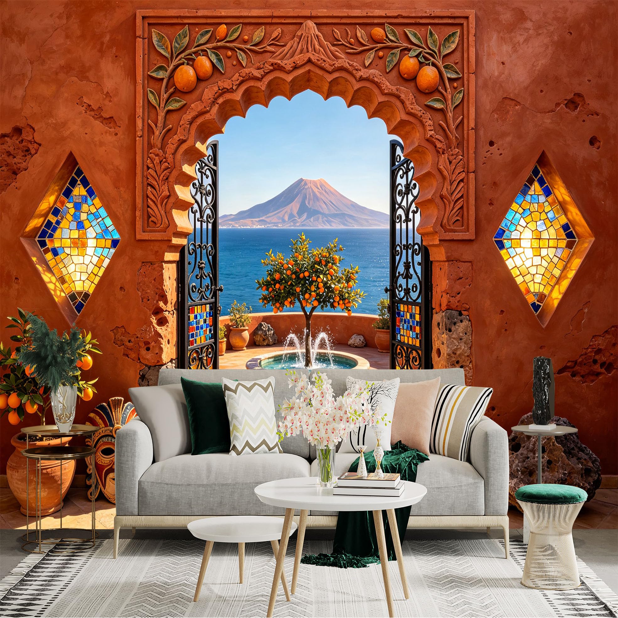 Custom Size Wall Sticker Mural， Mediterranean Archway with Ocean View， Orange Tree Fountain Terrace， for wall Decoration， peelandstick wall Decals.