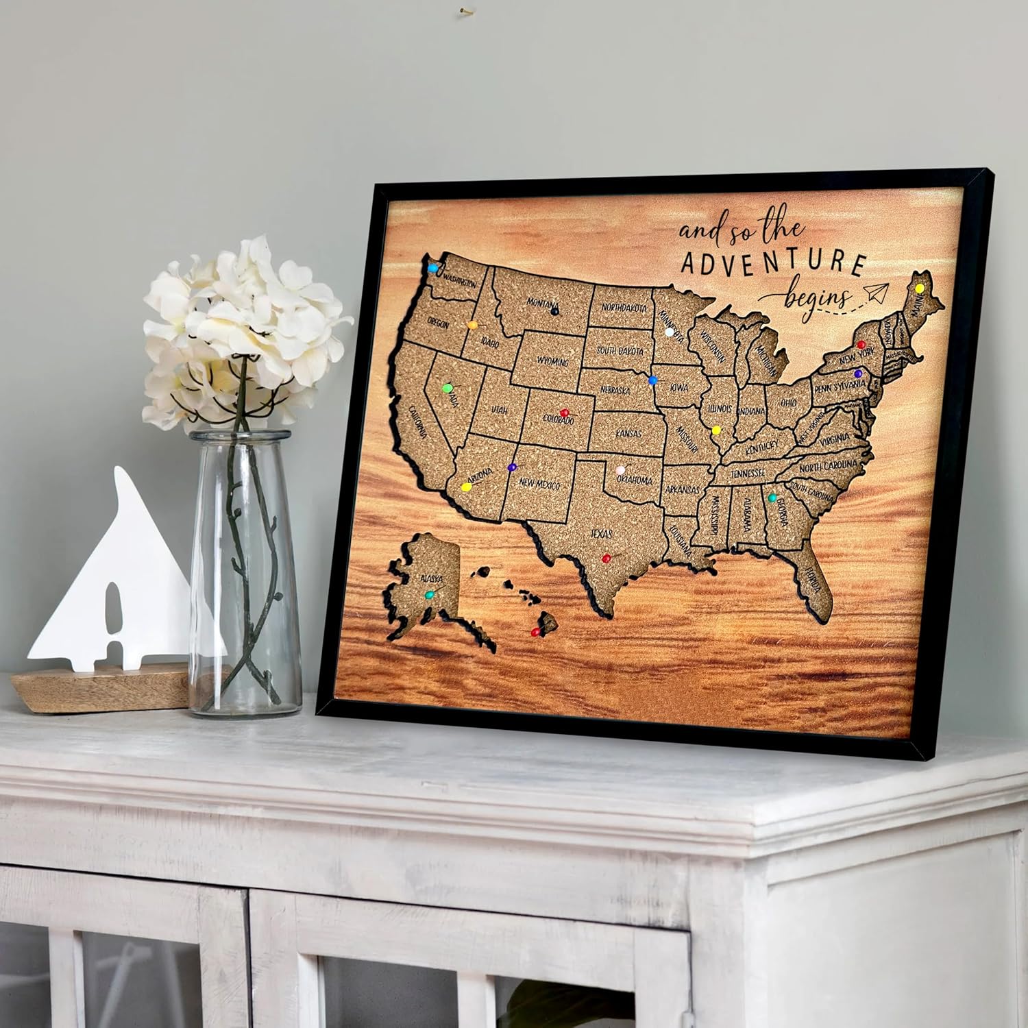 flinelife Push Pin Travel Map, 12X10, Cork Board Usa Travel Map With Pins,50 States Travel Map Pin Board, Perfect Travel Map for Couples Gift