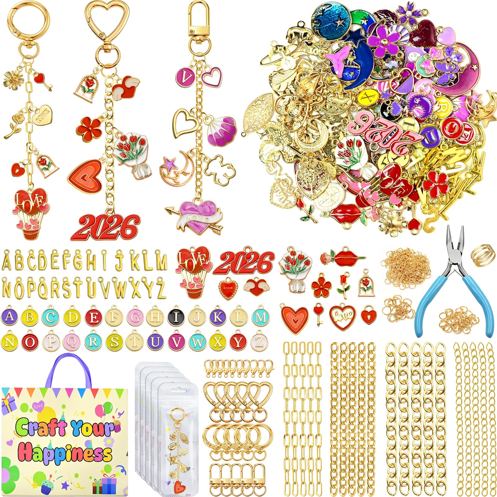 VvLons Lip Gloss Keychain Making Kit, 375Pcs Bag Charm Kit DIY Craft Supplies with Key Chain Hooks, Jump Rings, Lobster Clasps, Chains & Tools, Custom Jewelry Making Kit for Mothers Day Gifts