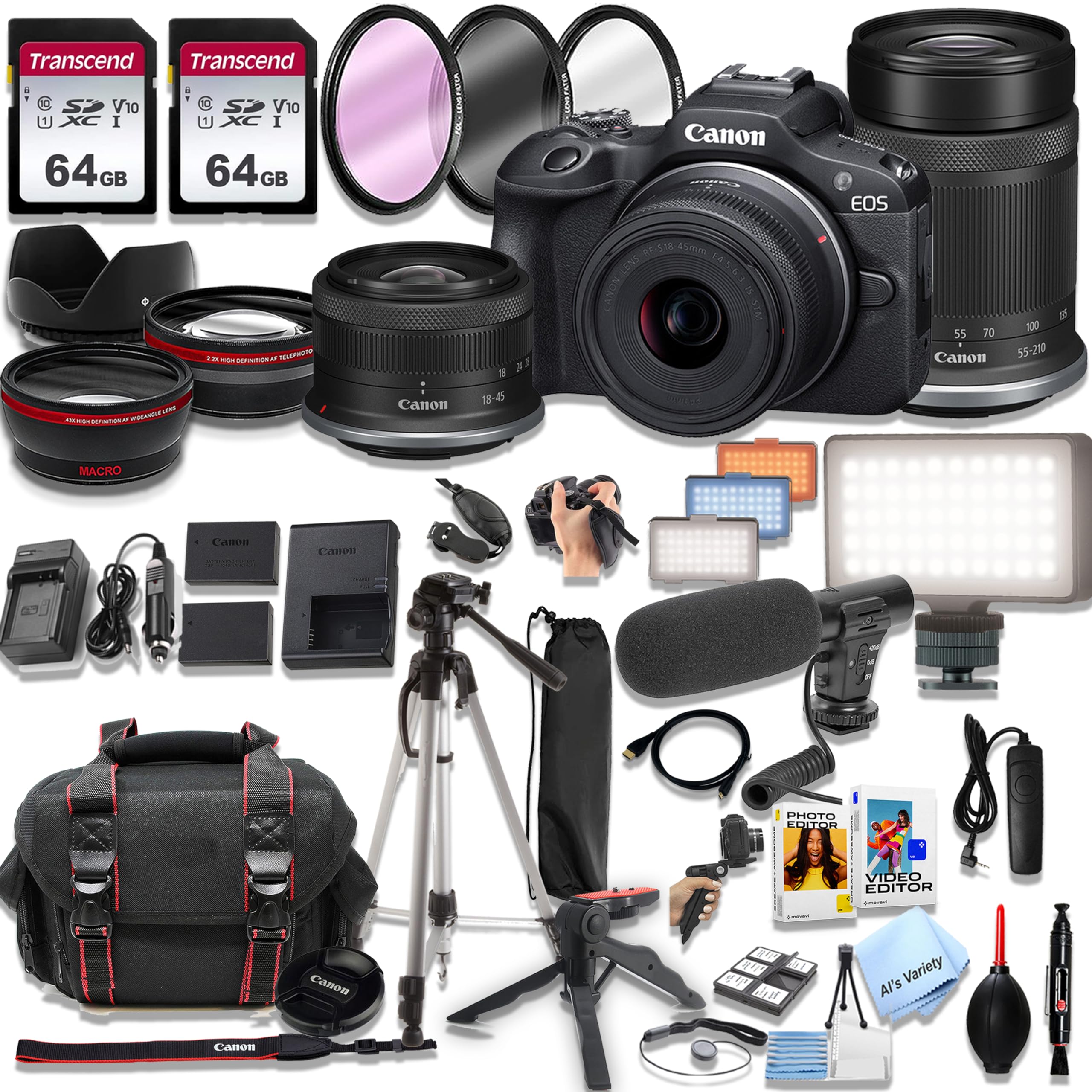 Canon EOS R100 Mirrorless Camera18-45mm and 55-210mm Lenses + 128GB Memory, LED Light, Microphone, Spare Battery, Filters,Case, Tripod, Flash, and More (43pc Video Bundle)