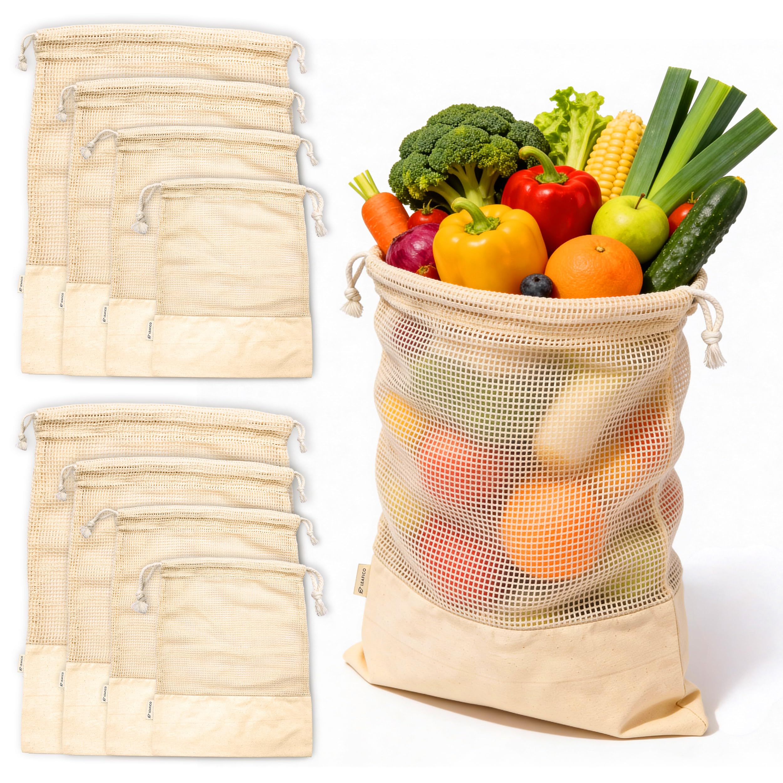 LEAFICO Reusable Produce Bags – 100% Cotton Mesh &amp; Solid Hybrid (Mixed Sizes 8 Pcs – S/M/L/XL) – Multi-Use Grocery &amp; Storage Bags for Fruit, Vegetables, Toys, Clothes, Travel – Washable, Zero Waste