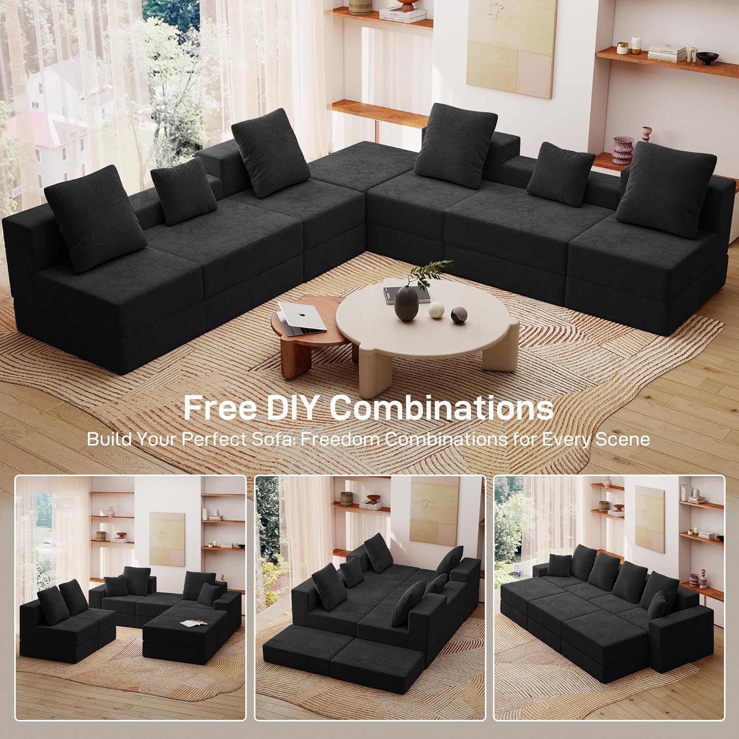 Living&Giving 128" U-Shaped Cloud Sectional Couch for Living Room, Cloud Boneless Couch-No Assembly with Reversible Chaise, Customizable 4-Seat Modular Sectional Sofa with 3 Ottoman, Black