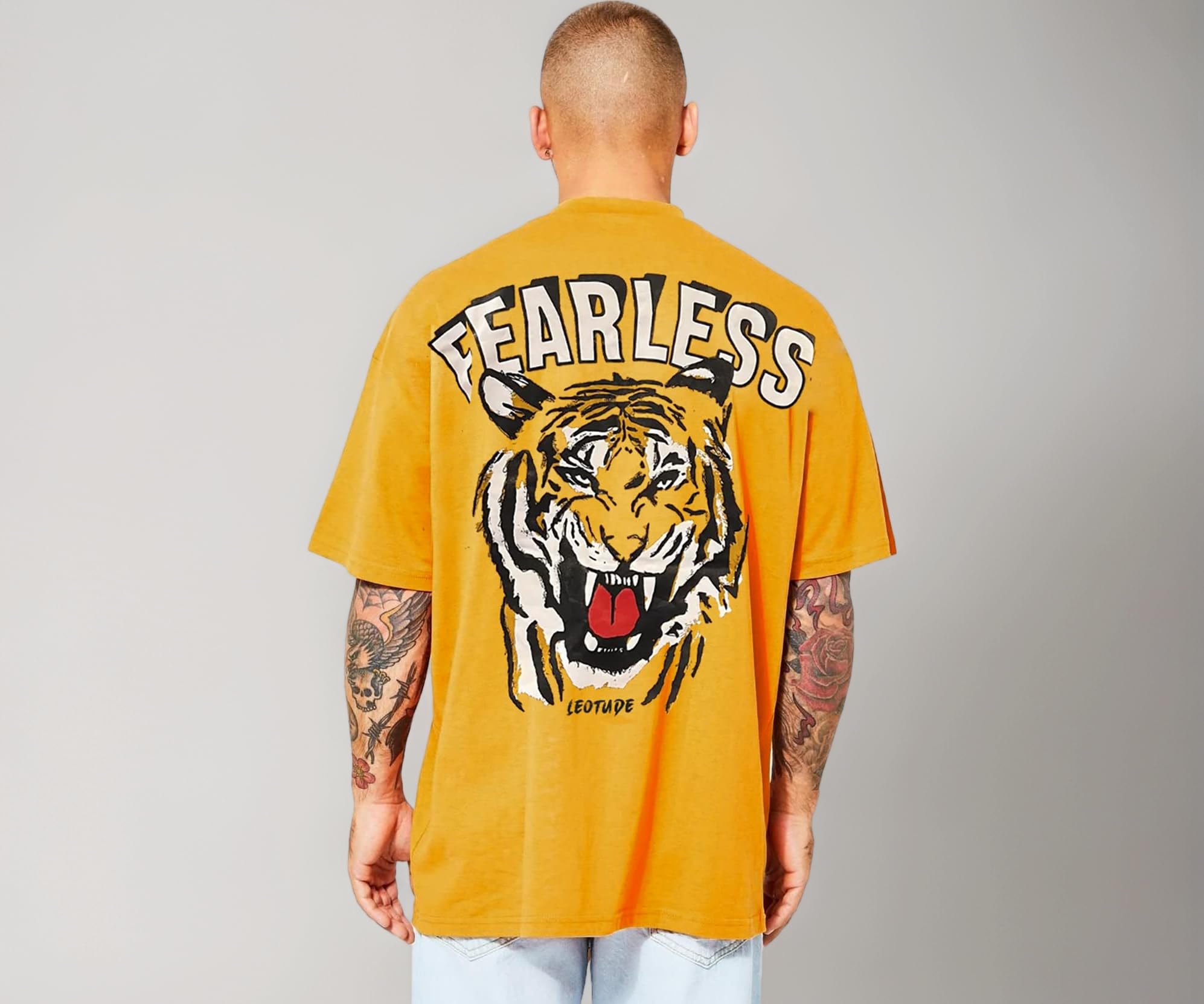 Men's Oversized Cottonblend Round Neck Half Sleeve Back Printed Drop Shoulder Tshirt(Color : Navy)