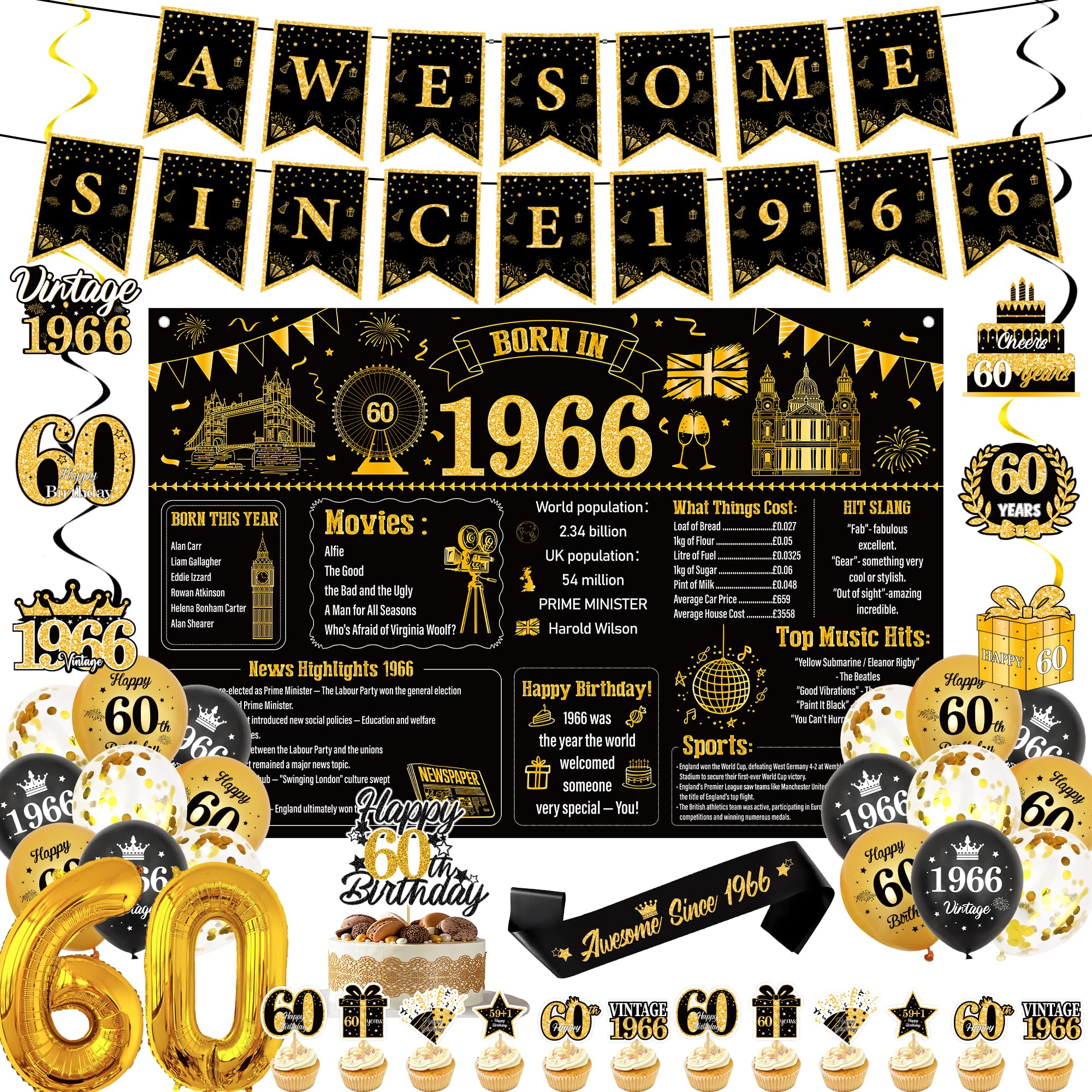 60th Birthday Decorations Set Men - 43 Pcs Vintage Black and Gold Awesome Since 1966 Banners, Backdrop, Balloons, and Hanging Swirls for 60th Birthday Party Supplies