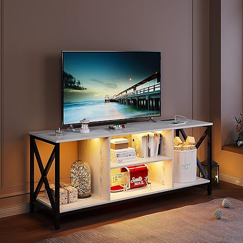 Miniatura 8 de HNEBC Soporte de TV LED blanco con estación de carga USBinalámbrica, soportes de televisión con inducción automáticaluces LED ajustables, soporte de