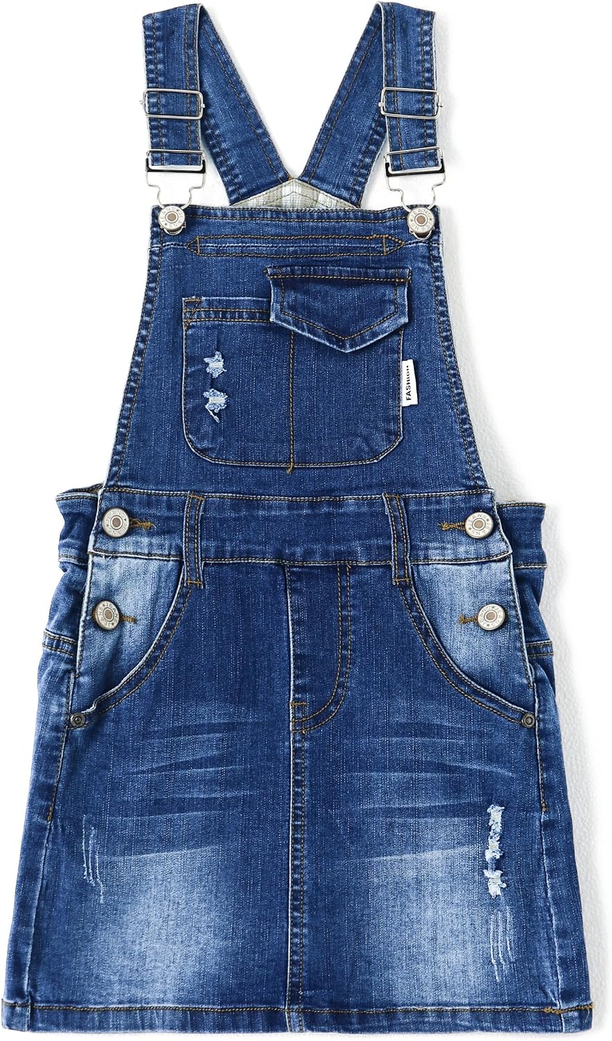 KIDSCOOL SPACE Baby Little Girls Skirt,Ripped Soft Strechy Denim Girls Summer Overalls Dress