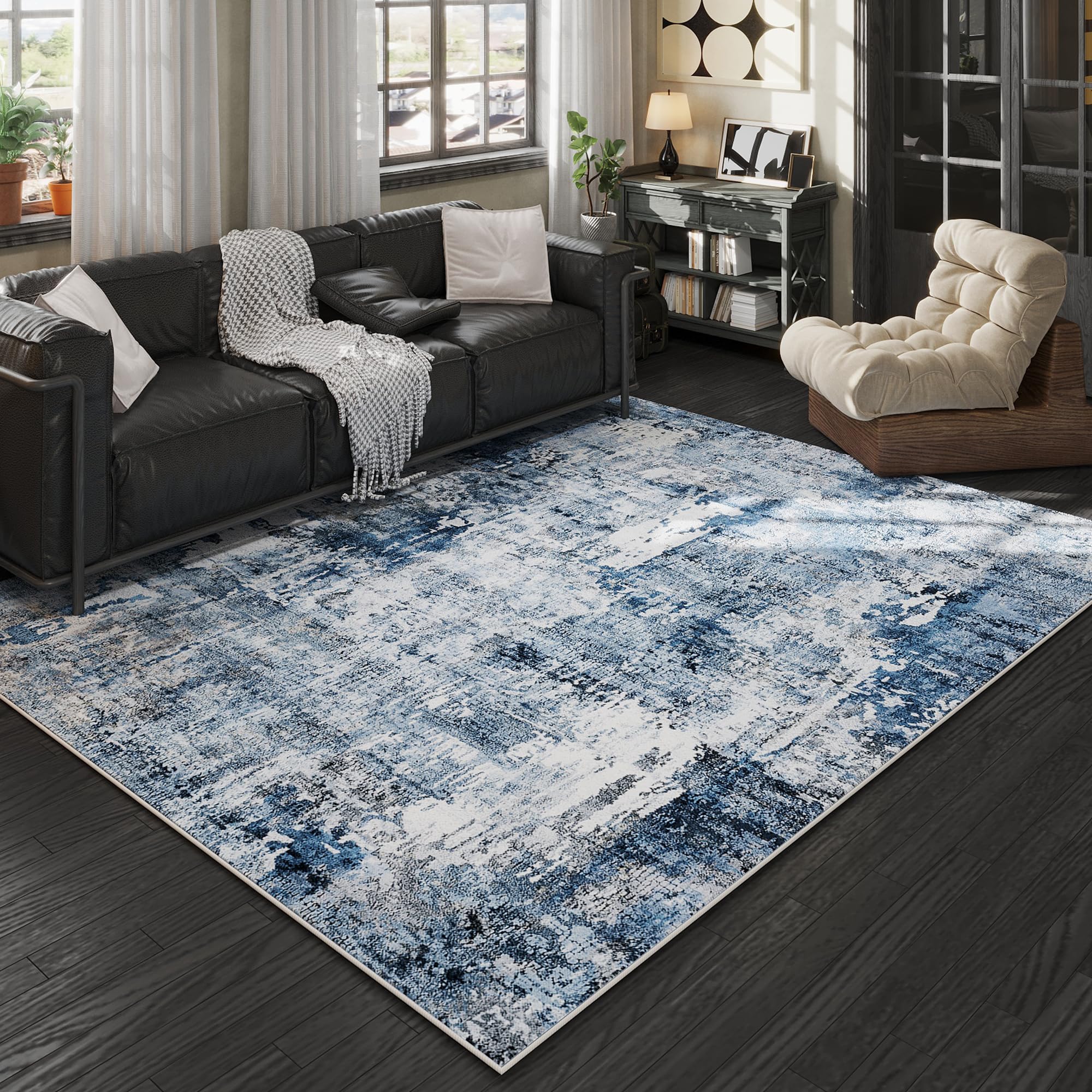 9x12 Rug Washable Boho Rug Soft Large Area Rug Non-Slip Non-Shedding Faux Wool Vintage Rug for Living Room, Farmhouse, Dining Room, Indoor, Kids Playroom, Blue