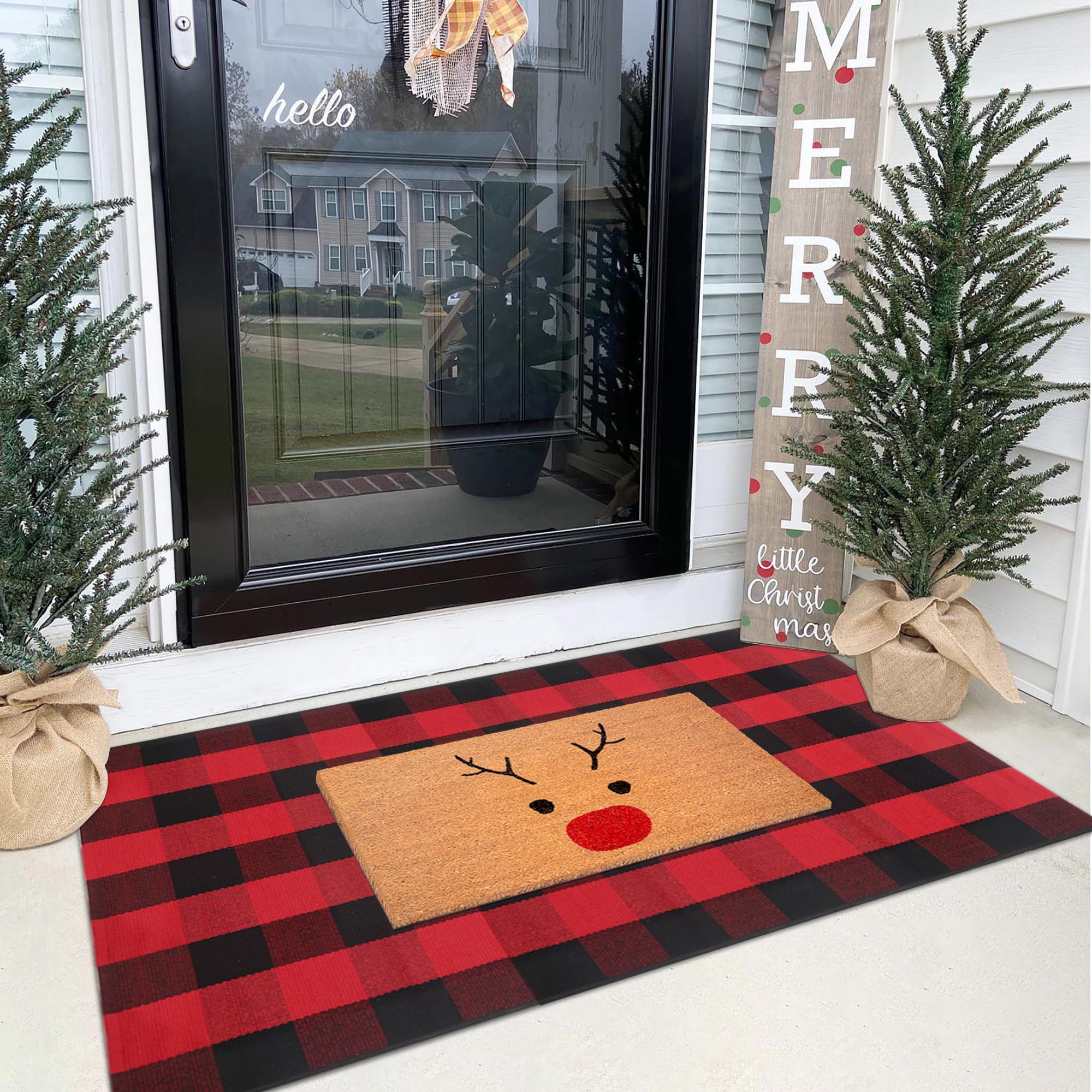 Juego combinado de felpudos de Navidad, tapete de bienvenida 100% fibra de coco + alfombra a cuadros rojos y negros de 3 x 5 pies, tapete de colección de ciervos de Navidad para decoración de entrada