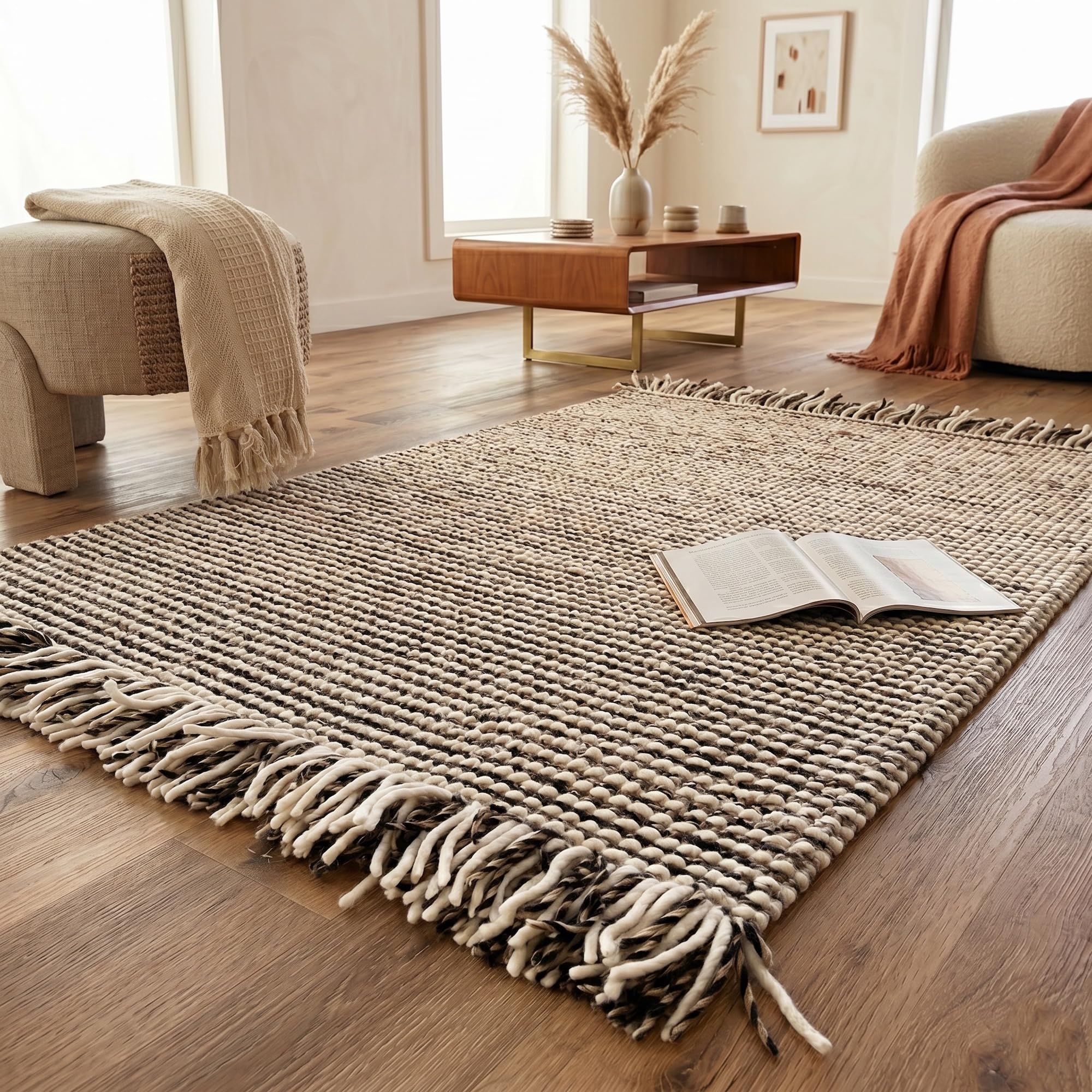 Rita Rugs Home Cara, 100% New Zealand Wool, Exquisite, Unique and Chunky Hand Woven Woollen Area Rug for Bedroom, Living Room, Boho, Farmhouse, Modern, Brown, 120 x 180 cm, 4ft x 6ft