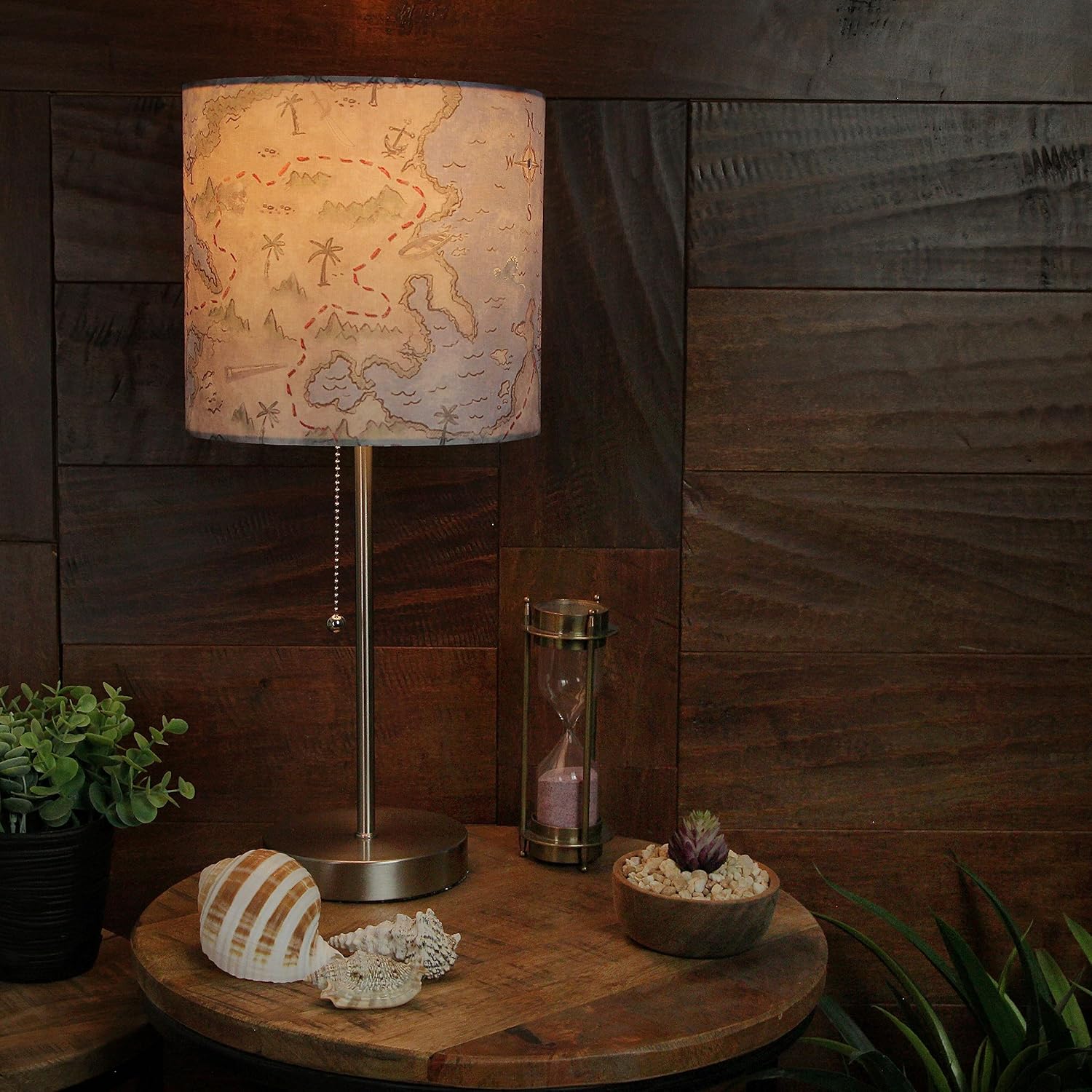 Zeckos Set of 2 Decorative Treasure Map Brushed Nickel Accent Lamps for Nautical and Beach-Themed Living Spaces - 19 Inches Tall - Pirate-Inspired Coastal Lights