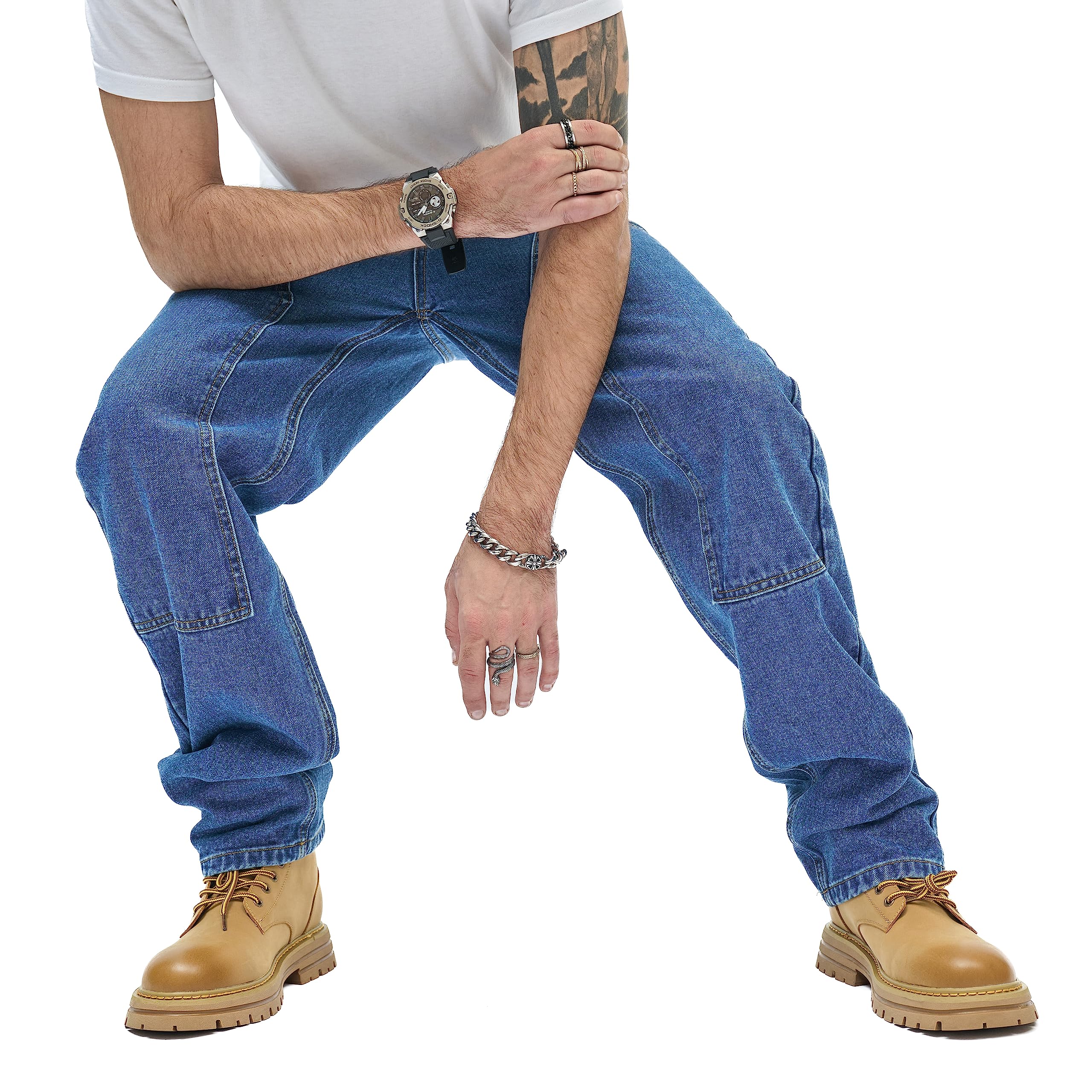 WEIBUMAOYI Pantaloni larghi da uomo, vestibilità comoda, jeans da falegname a gamba dritta lavati oversize, Blu scuro 001, 46
