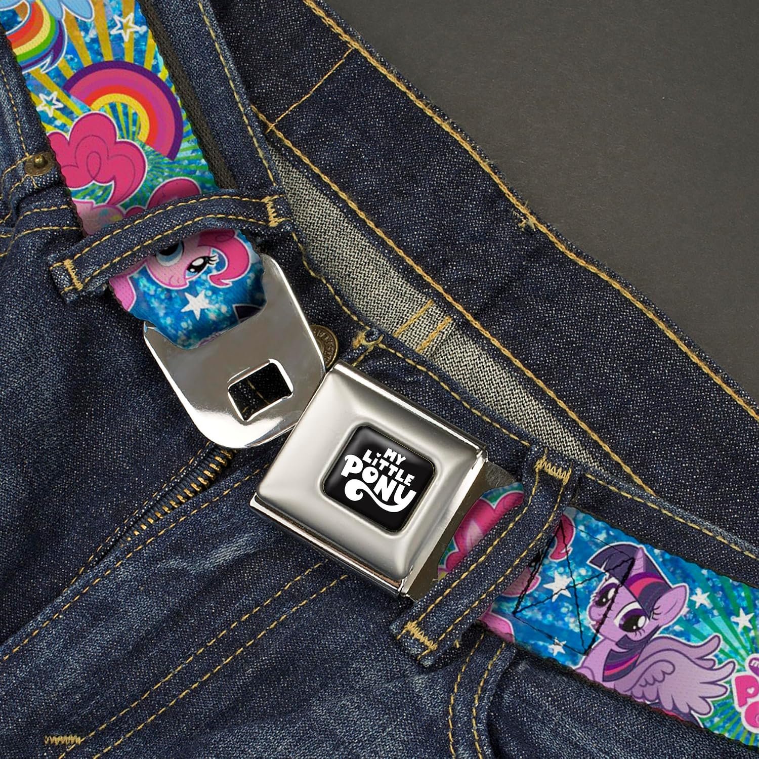My Little Pony Belt, Seatbelt Buckle Belt, My Little Pony Ponies and Spike Rainbows and Rays Multi Color, Adjustable