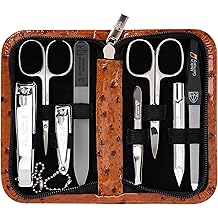 3 Swords Germany - brand quality 8 piece manicure pedicure grooming kit set synthetic leather case ostrich cognac - Made in Germany