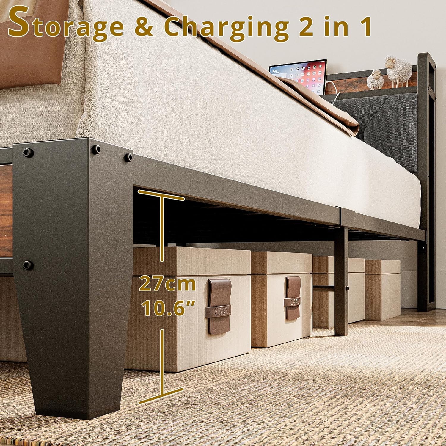 ANCTOR Twin XL Bed Frames, Storage Headboard with Outlets, Easy to Install, Sturdy and Stable, No Noise, No Box Springs Needed - Perfect for a Good Night's Sleep