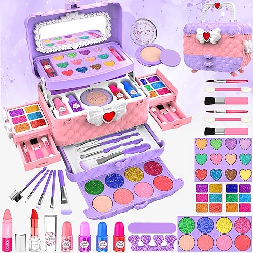 Kit de maquillaje infantil de 54 piezas para niñas, juego de cosméticos lavables de princesa, juguetes con espejo, no tóxico y seguro, regalos de
