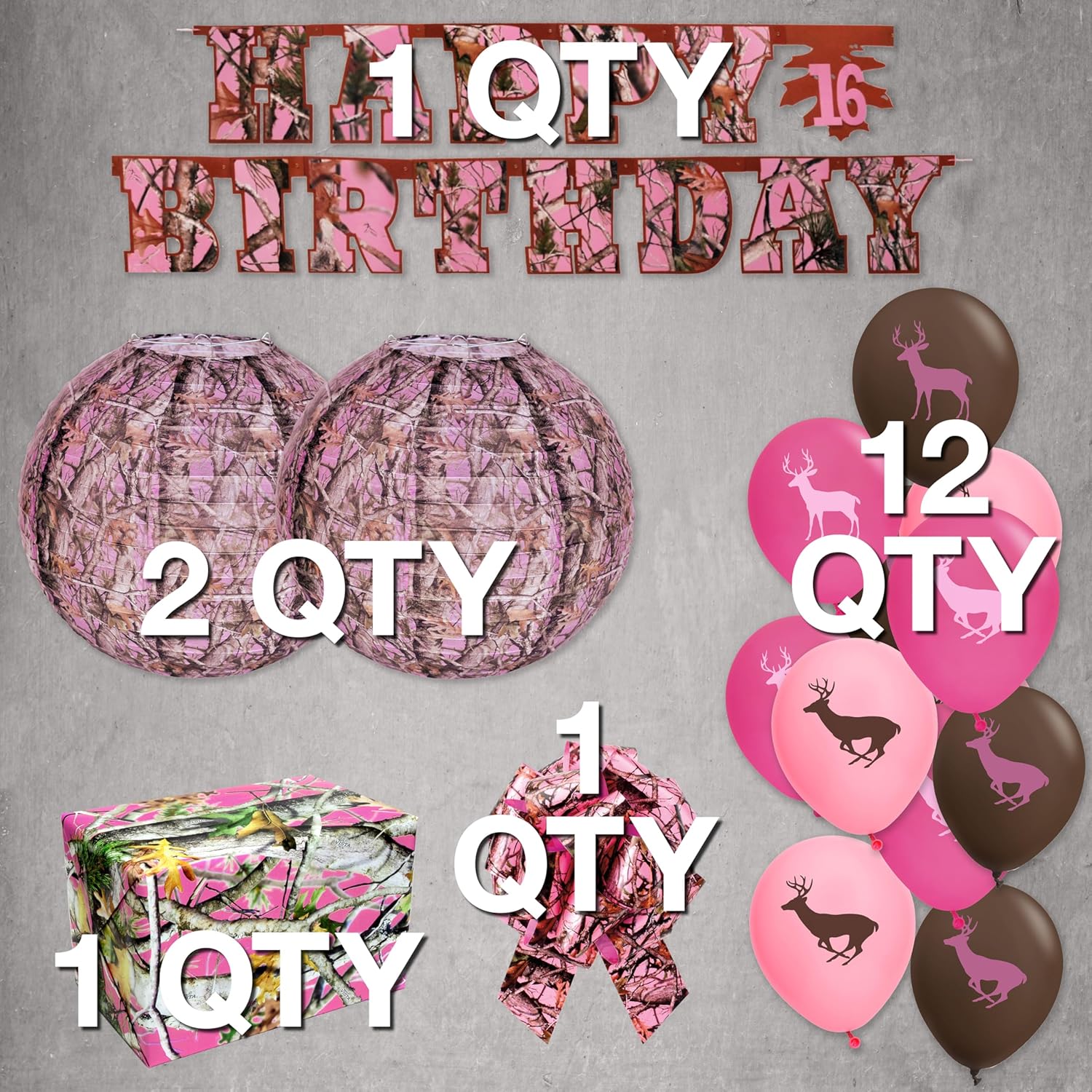 Pink Camo Birthday Party Decorations! Deluxe Hunting Camo Set includes 1Lg. Birthday Banner, 2 Lanterns, 12 Buck Balloons, Gift wrap and Pull Bows. by Havercamp