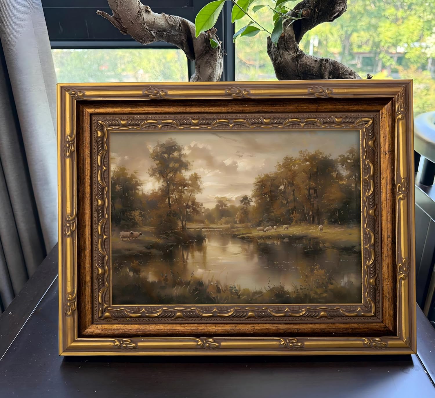 Vintage Gold Framed Landscape Wall Art Vintage River Painting Canvas Prints Landscape Wall Decor Countryside Sheep Painting Style Poster Print Artwork for Living Room Bedroom Home Decoration