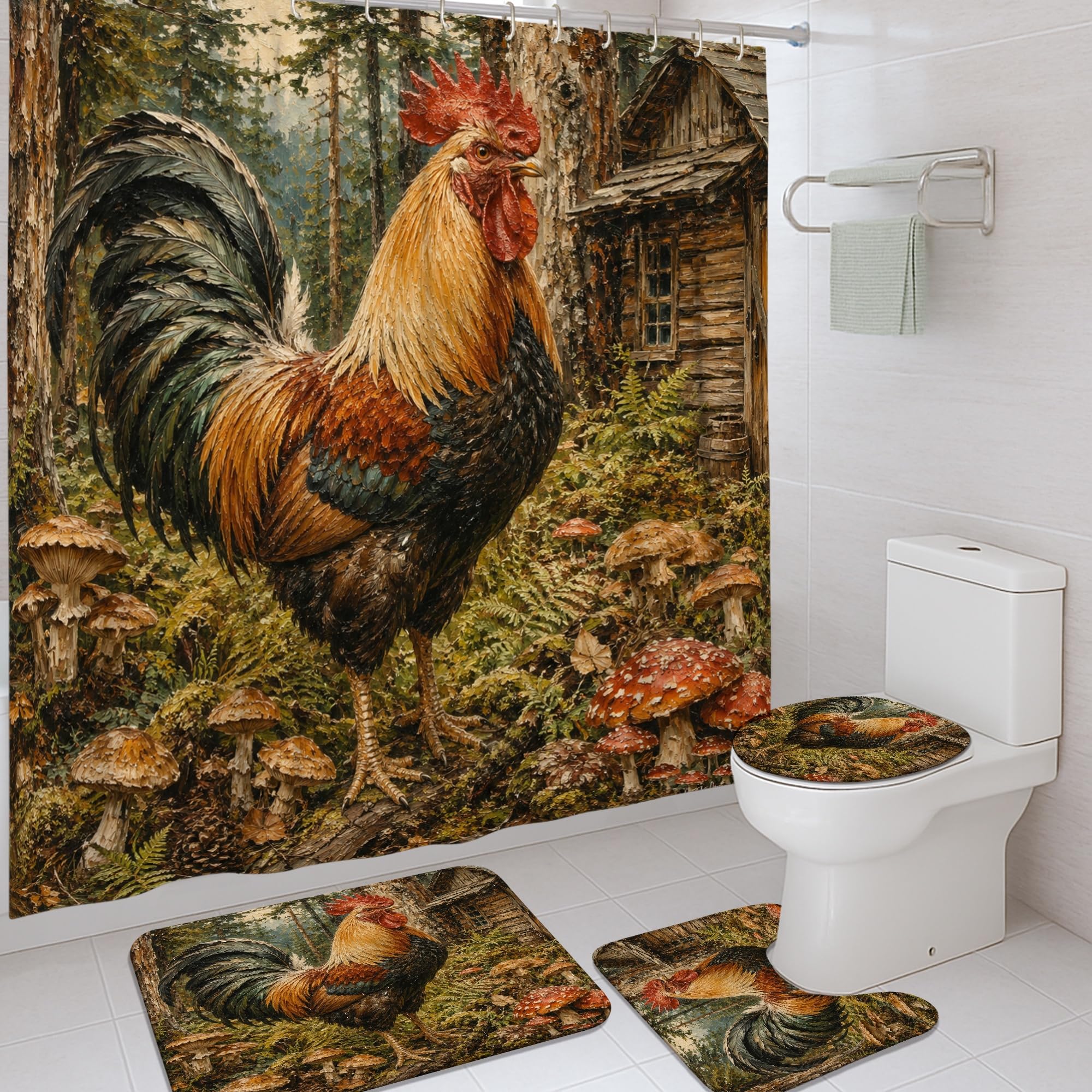 Rideau de douche rustique en polyester épais à motif coq et champignons naturels de haute qualité