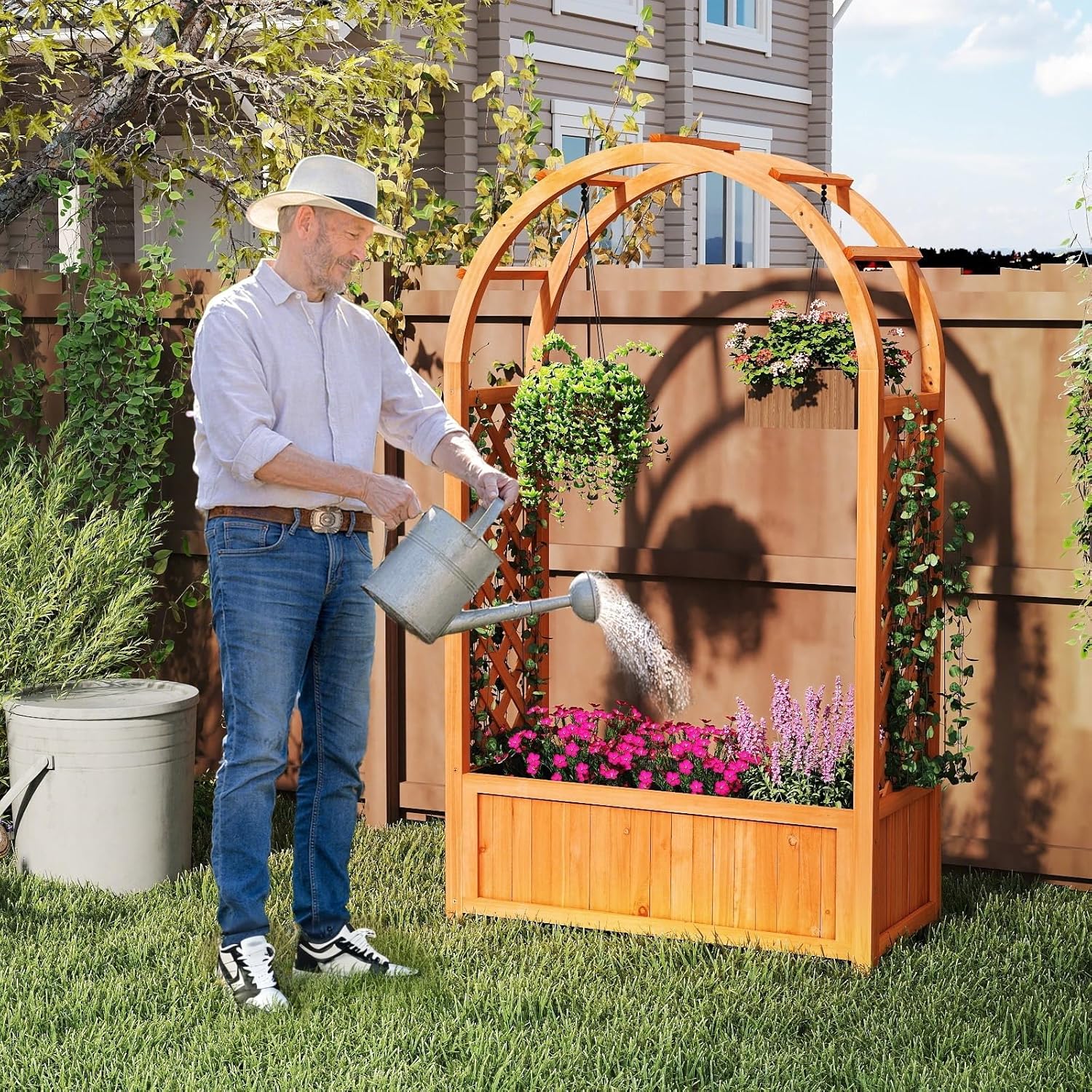 Giantex Set of 2 Raised Garden Bed with Arch Trellis, for Climbing Vine Flower Vegetable, Wood Planter Box with Liner & Drainage Design, Outdoor Plant Container for Yard Balcony (33"x14"x58")