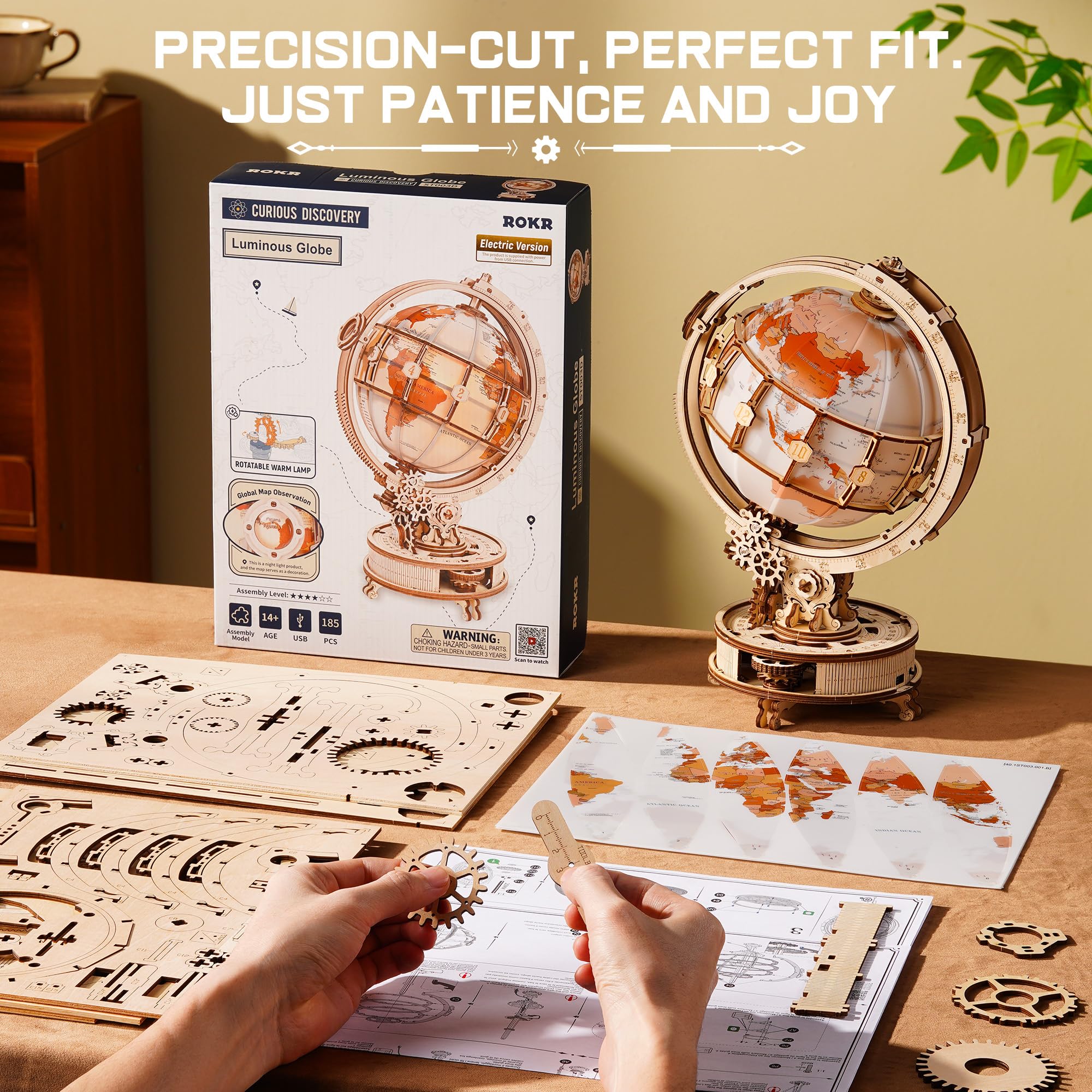 ROKR 3D Holzpuzzle Globus ST003D Selbstdrehender Modellbausatz für Erwachsene mit LED Dekoration Mechanisches 3D Puzzle Holzmodellbausatz Geschenk für Frauen Männer