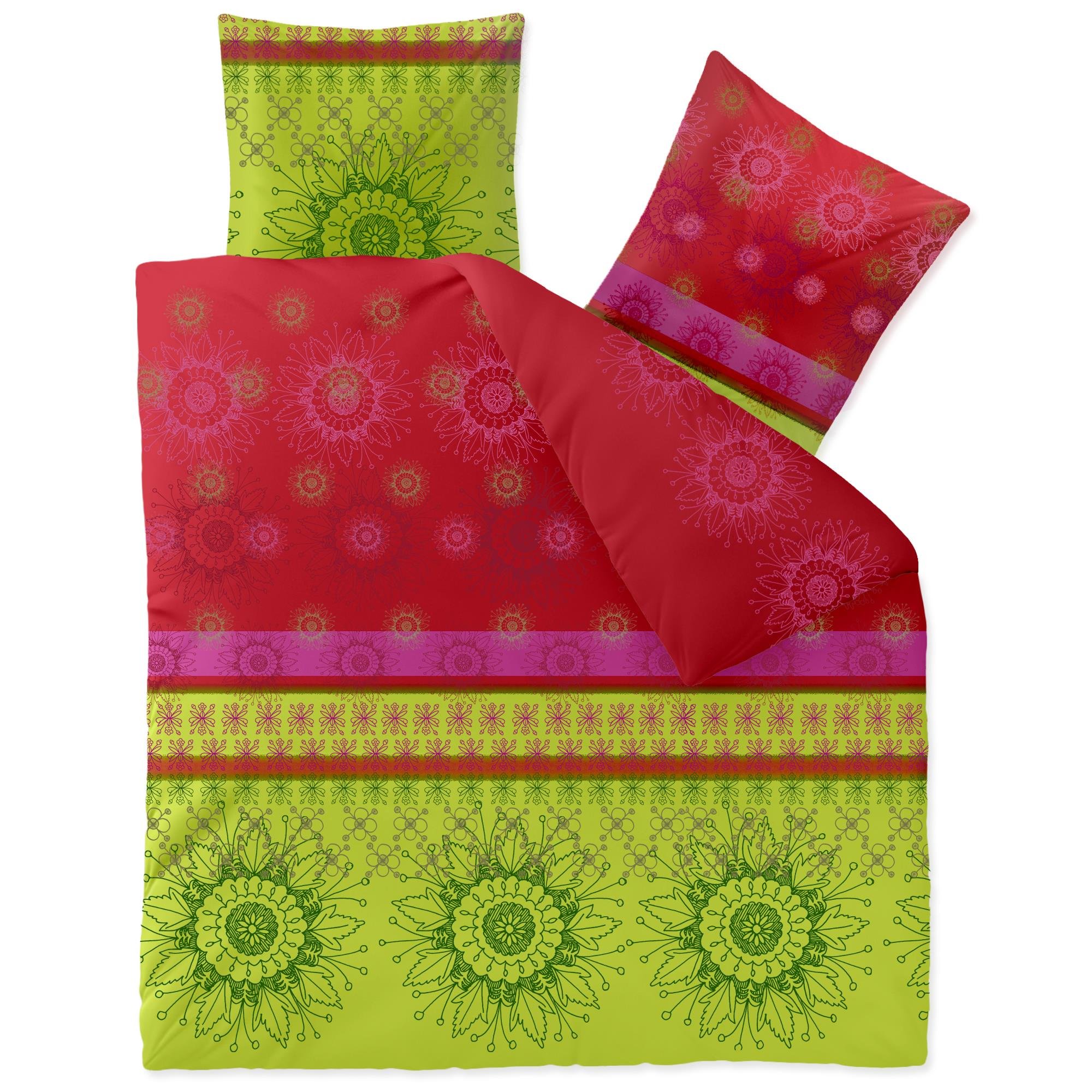 CelinaTex Fashion Bettwäsche 200x200 cm 3teilig Baumwolle, Bettgarnitur für Sommer und Winter, Ganzjährig, Bettbezug, Bettenset, Schöner Wohnen Lindsay Blumen Grün Rot