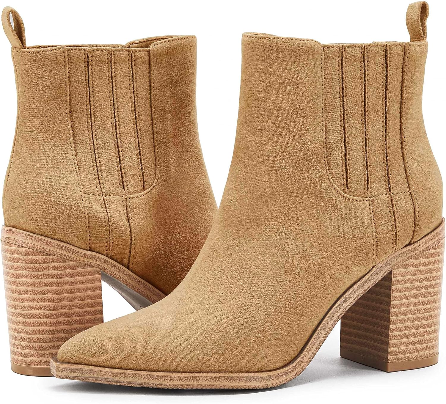 Womens Ankle Boots Slip on Pointed Toe Chunky Block Mid Heel Leather Elastic Panel Casual Chelsea Western Booties - Image 4