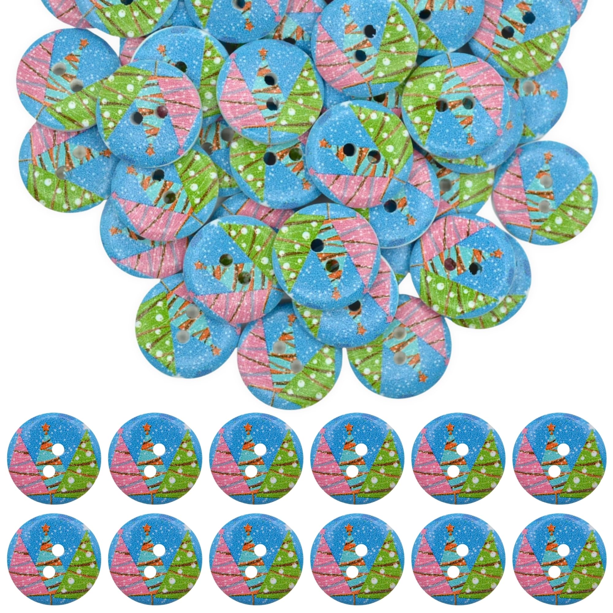 celloexpress 20mm Christmas Trees Wooden Buttons - Round Printed Festive Designs Sewing Craft Knitting Scrapbooking (Christmas 14, Pack of 100)