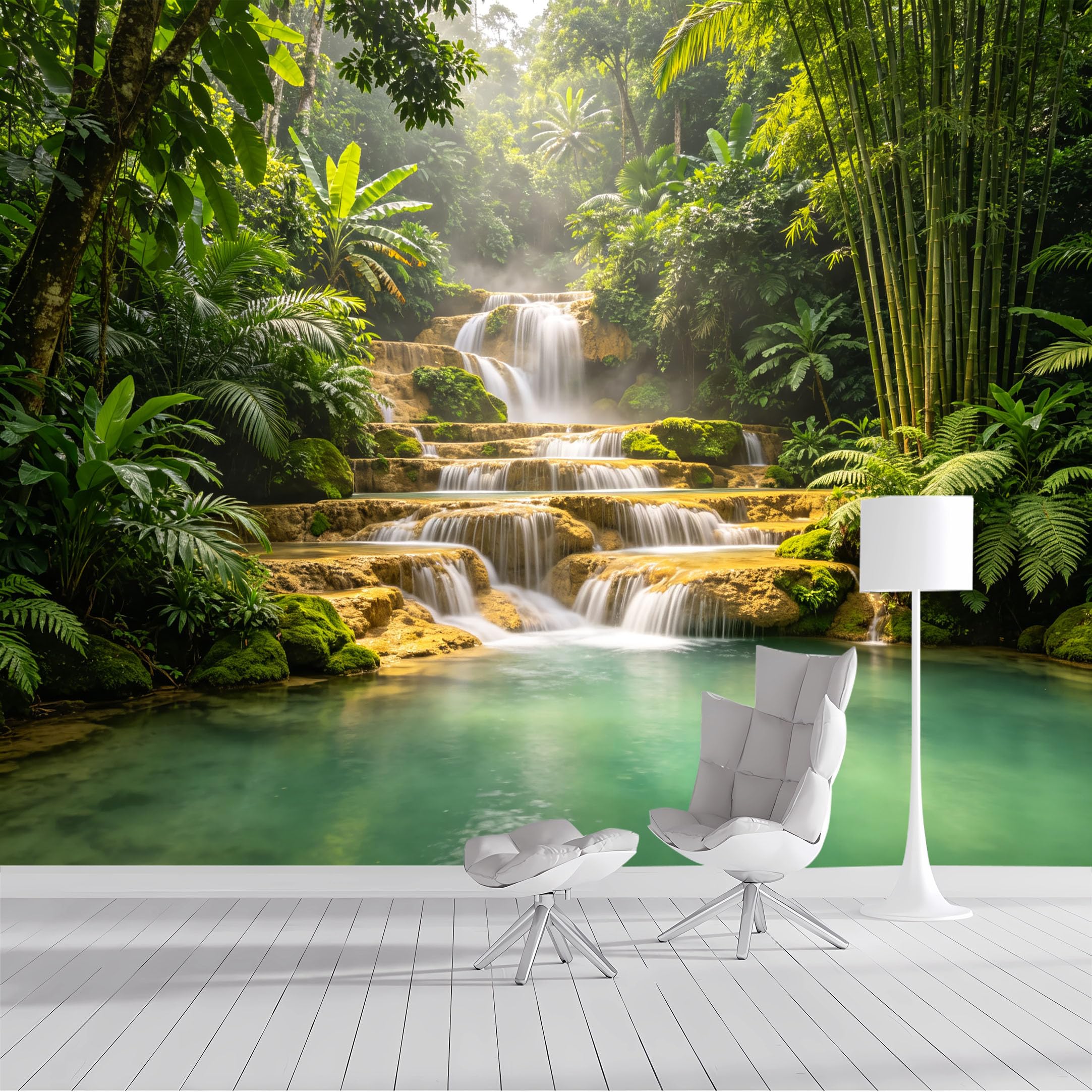 Custom Size Wall Mural Tropical Jungle Waterfall SelfAdhesive Wall Fabric Removable Peel and Stick Wallpaper Wall Decor for Living Room Bedroom Bathroom