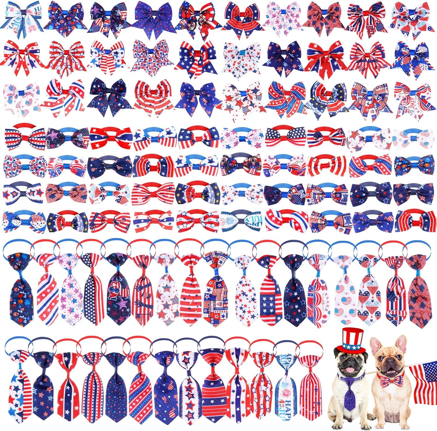 Reginary 200 Pcs 4th of July Dog Bow Ties Collar Set Bulk Include 80 Independence Day Dog Bowties, 60 Dogs Neckties, 60 Puppy Collar Adjustable Stars Stripes Patriotic Pet Bow Tie Grooming Accessories