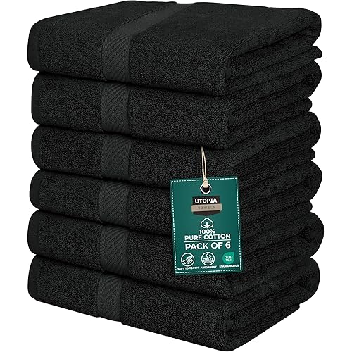 Utopia Towels 6 Pack Medium Bath Towel Set, 24 by 48 Inches, 500 GSM 100% Ring Spun Cotton, Lightweight and Highly Absorbent Quick Drying Premium Towels for Hotel, Spa and Bathroom, Black