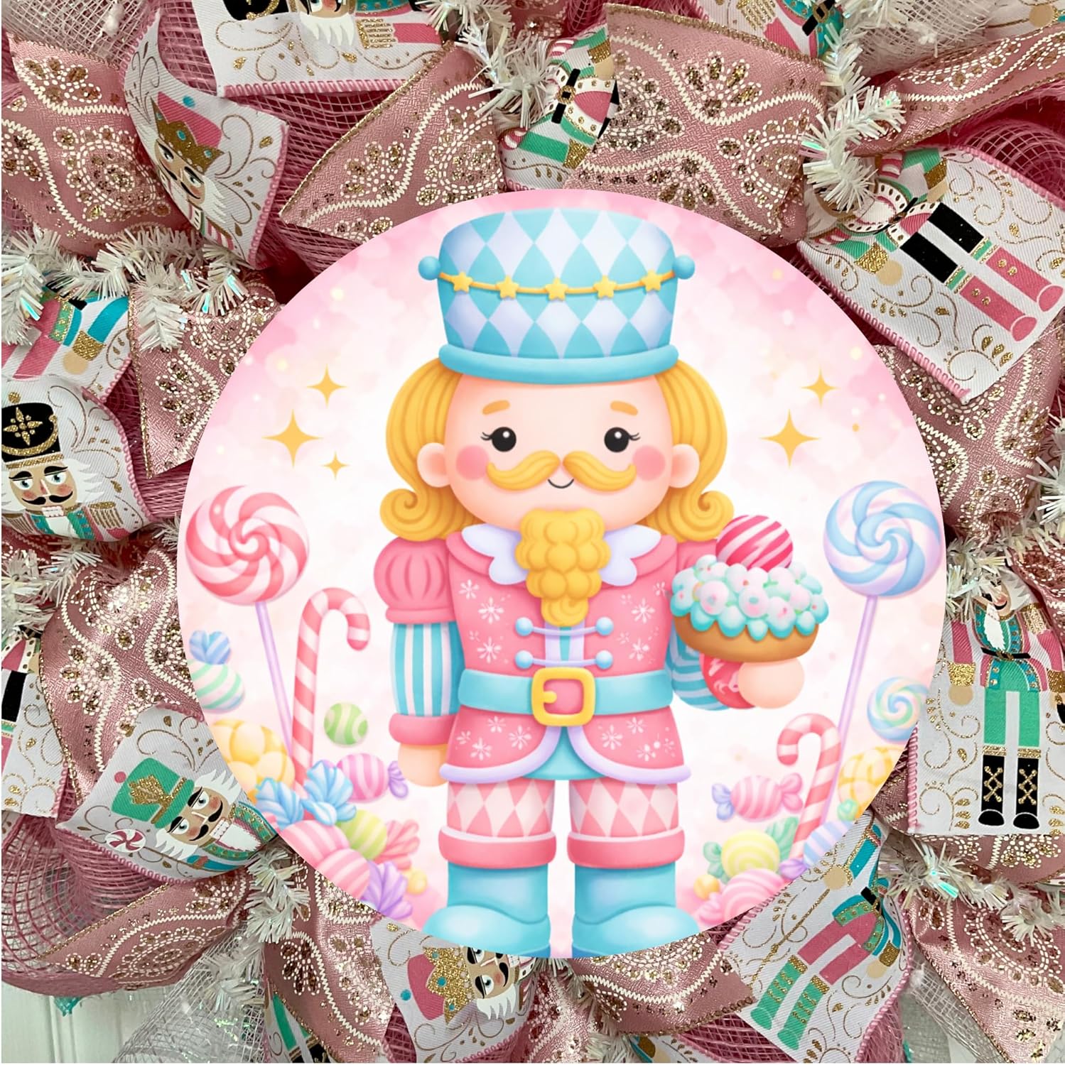 Pastel Pink Nutcracker Christmas Wreath Handmade Deco Mesh Available in 24 or 28 inch diameters