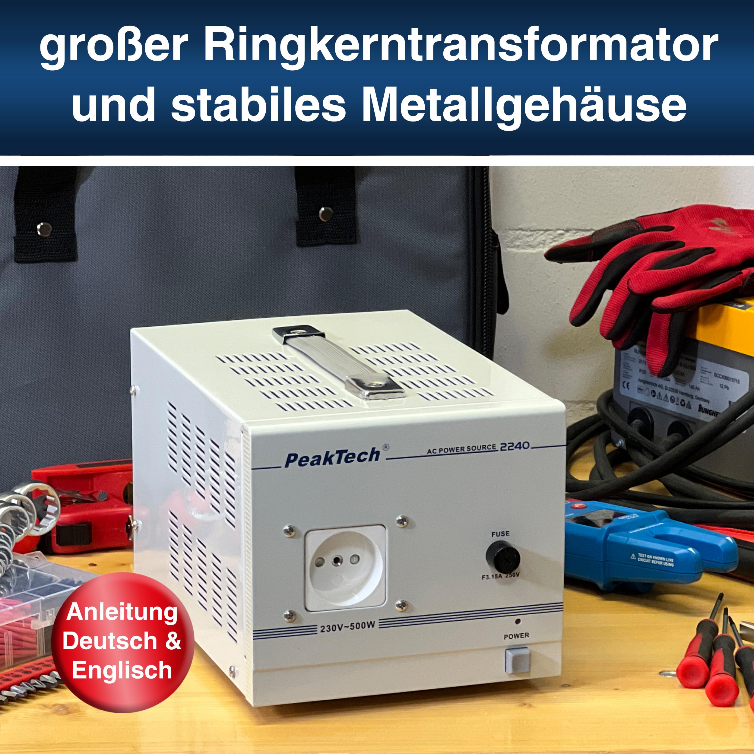 PeakTech 2240 - Mobiler Trenntransformator - Sicherheitstransformator 500VA
