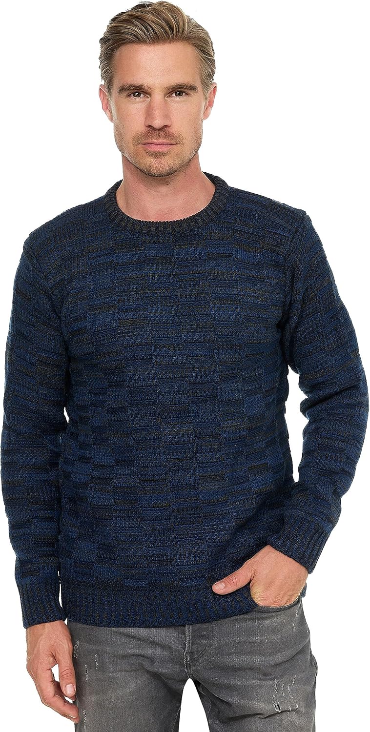 Rusty Neal Heren pullover zware grof gebreide trui met ronde hals in streetwear contrast block-design S - 3XL 438, zwart, M
