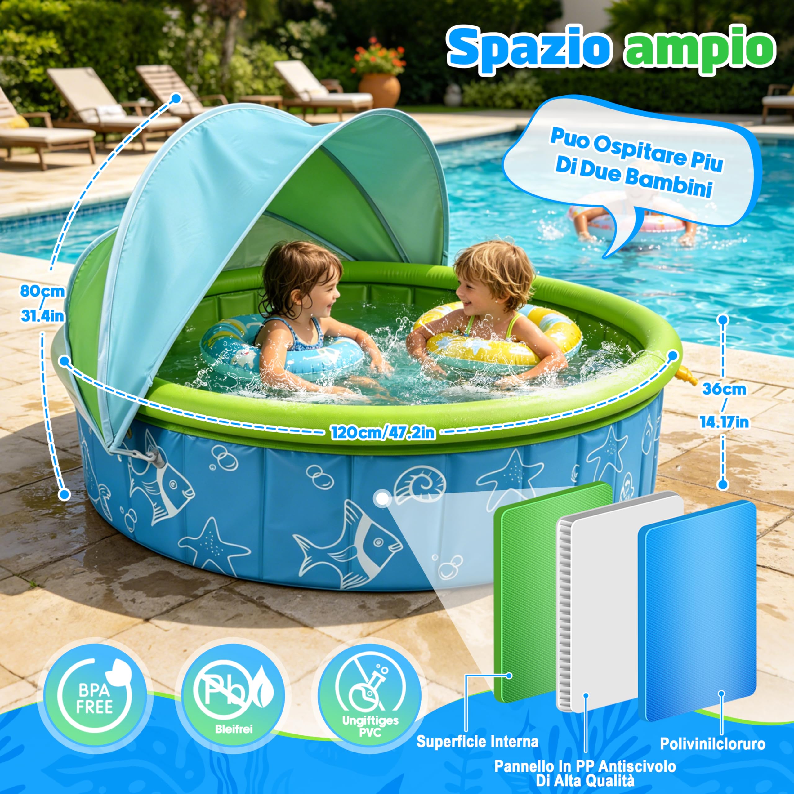 JONRRYIN Piscina per Bambini con Tetto, 120x30 cm Tenda da Spiaggia Piscinetta con Funzione di Sprinkler, Piscinetta Pieghevole per Cani e Bambini per Giardino, Spiaggia, Picnic