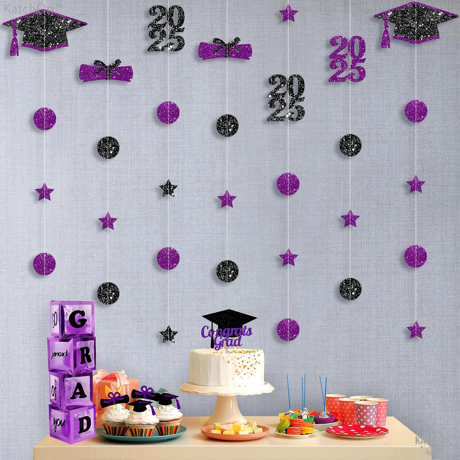 KatchOn, Glitter Grad Cap Garland - No DIY, 9 String, 6.5 Feet | Black and Purple Grad Decor 2025 | Graduation Cap Decorations | Graduation Decorations 2025 | Grad Cap Decorations 2025