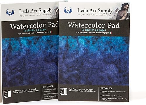 Leda Art Supply Paquete de 2 almohadillas de acuarela prensadas en caliente 24 hojas 1058oz - 140 libras 25 algodón papel de arte italiano fino con