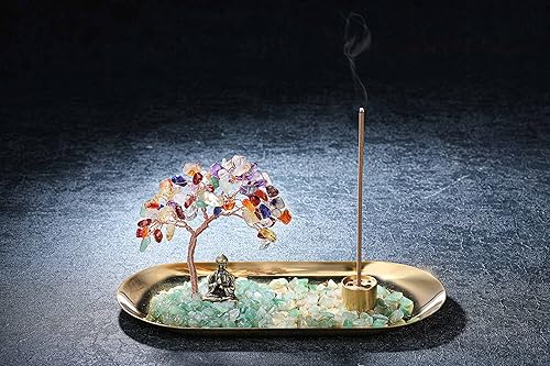 Miniatura 2 de Jovivi Soporte de incienso de cristal para palos, piedra de cristal curativo, árbol de dinero, juego de estatua de Buda, quemador de incienso,