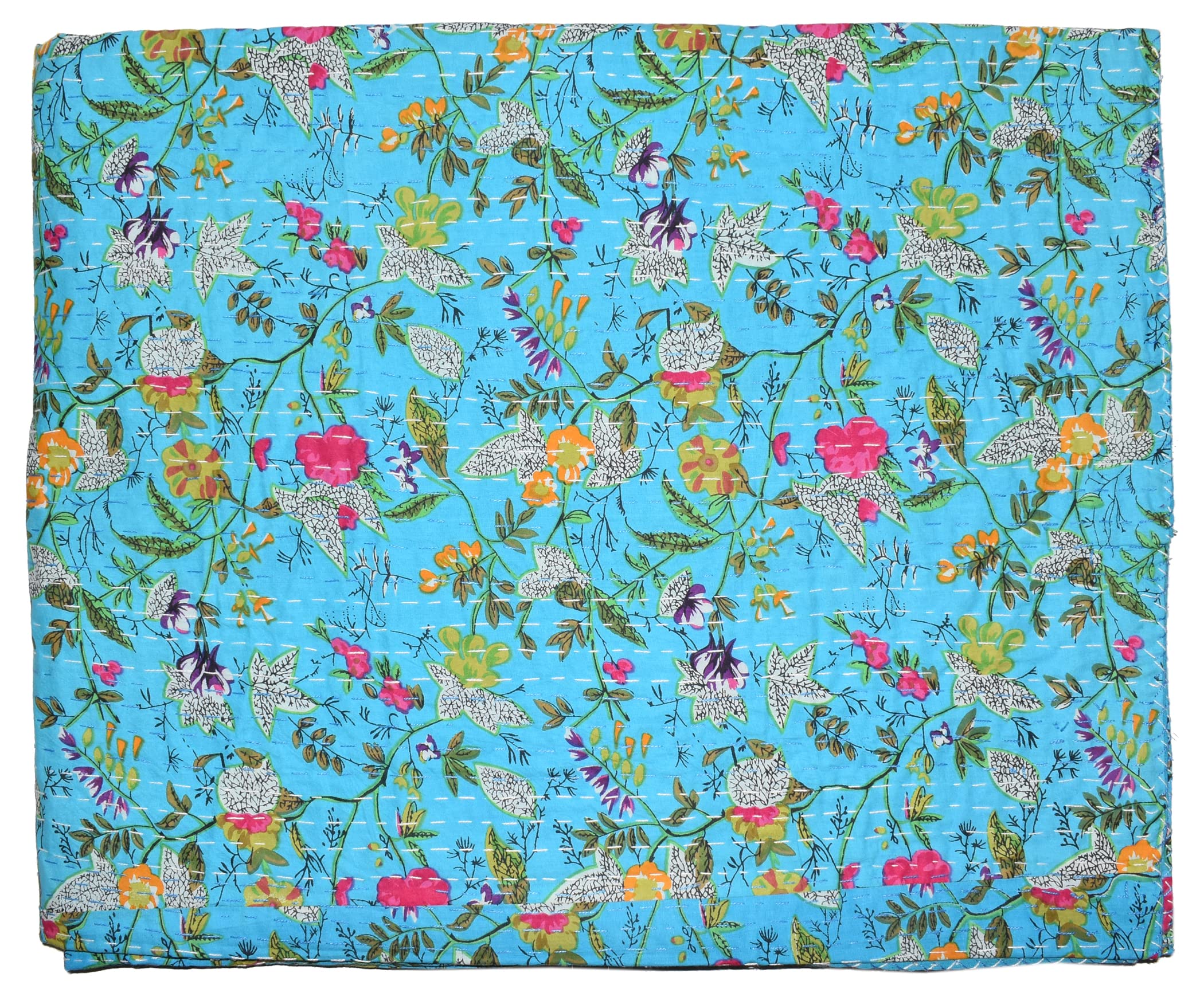 Handicrafts Plus Cotton Kantha Quilt Turquoise Blue Bedding Blanket Decorative Floral Bedspread Bedroom Decor Coverlet Boho Gudari (King/Queen (90x108 Inch))