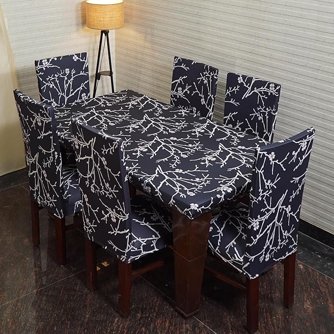 ELEGANTA Printed Table Cover with Chair Covers with Matching Elastic Table Cover Set of 6 Stretchable Polyester Spandex & Seat Case Protector 1 Table Cover + 6 Chair Covers (Branch Black)