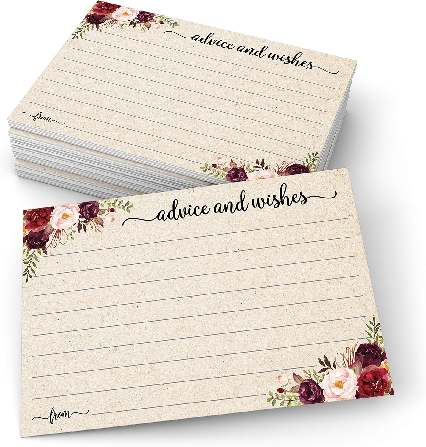 321Done Advice and Wishes Cards (50 Cards) 4x6 Red Watercolor Floral Roses for Wedding, Bridal, Retirement, Graduation, Anniversary - Made in USA - Kraft Tan (Pack of 2)