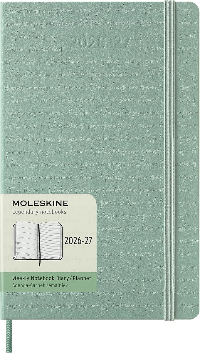 Moleskine 2026-27 Agenda semanal de 18 meses, grande, verde salvia, tapa dura | Julio de 2026 a diciembre de 2027 Planificador semanal grande (5" x 8,25") de 208 páginas con páginas de notas a rayas, pegatinas y bolsillo expandible.
