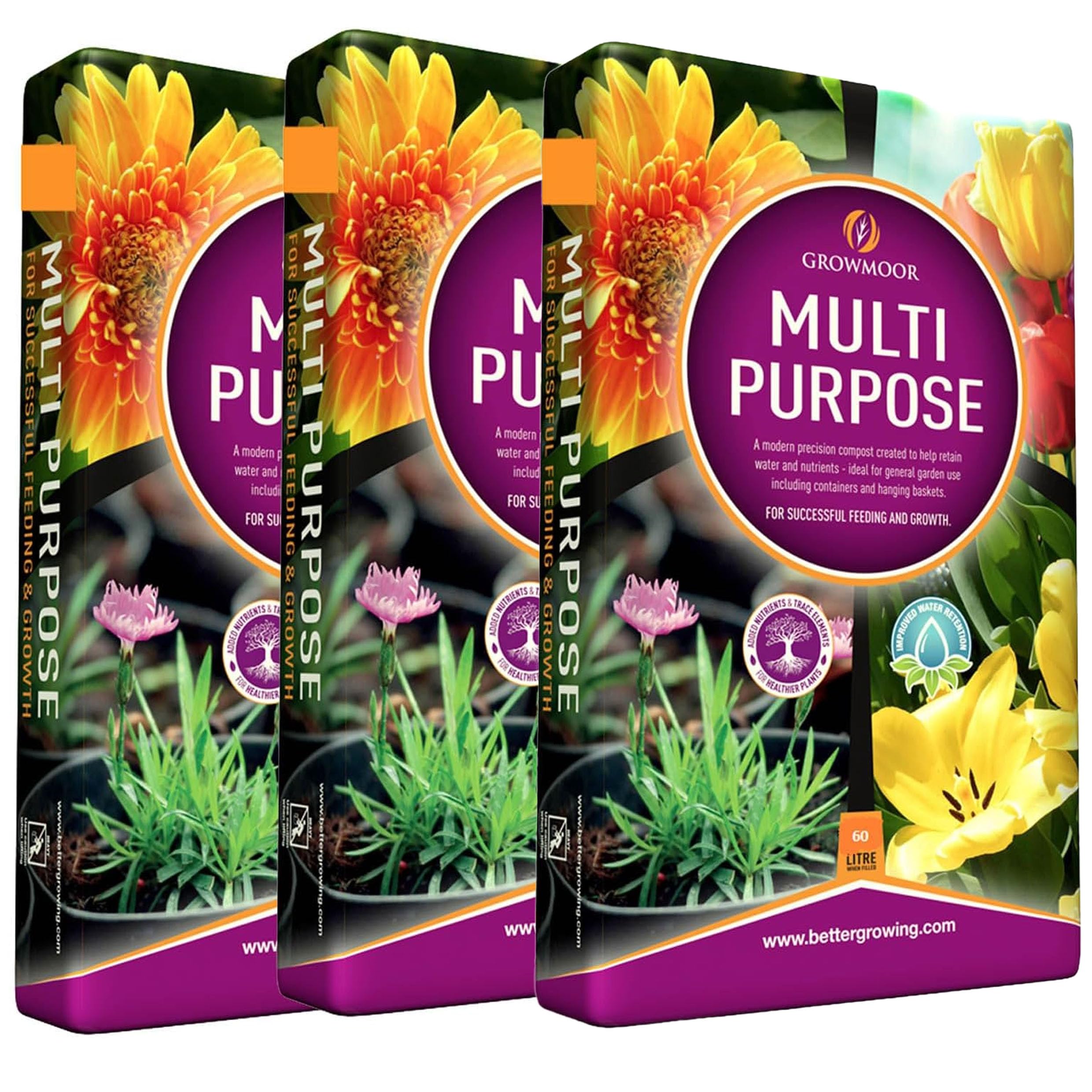 3x 60L Multi Purpose Compost, General Purpose Potting Compost for Indoor and Outdoor Plants, Flowers, Vegetables, and Containers