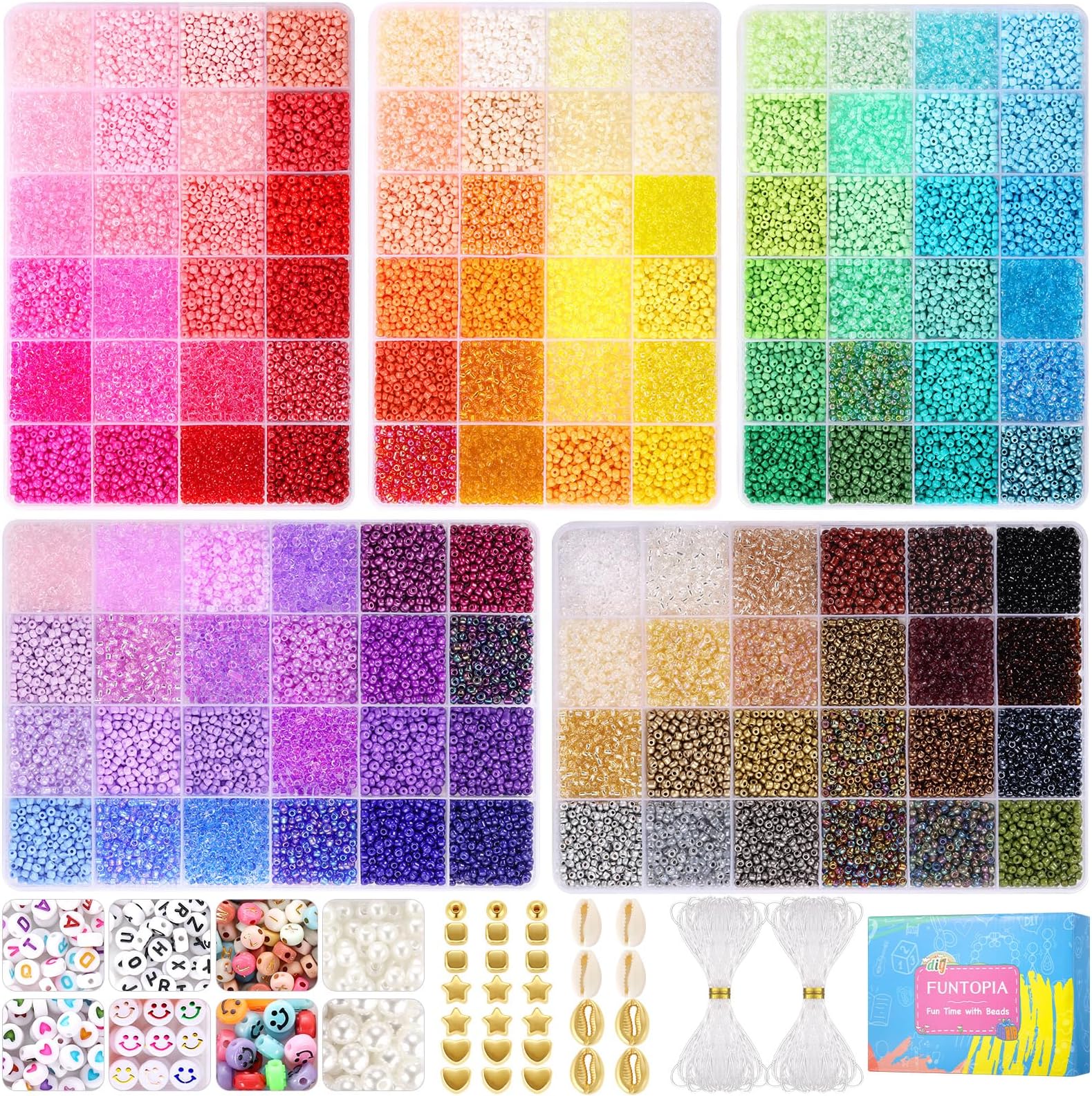 Funtopia 3mm 37000pcs+ Seed Beads for Jewelry Making, 120 Colors Small Glass Beads for Bracelets, Friendship Bracelet Kit with Alphabet Letter Beads Smile Face Beads for DIY, Art and Craft
