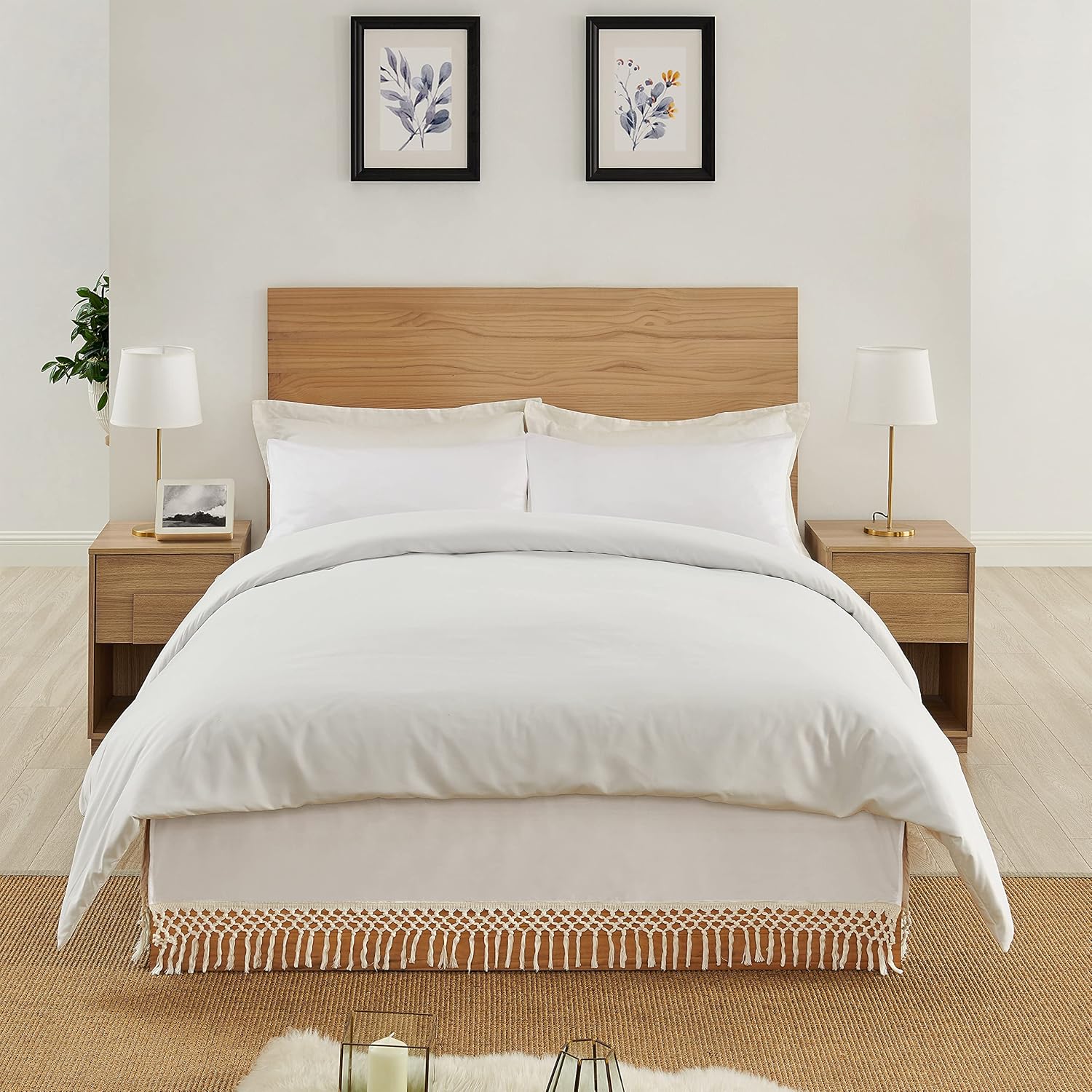 Minimalist Macrame Boho Chic Solid Ivory 60x80 Full/Queen Size Bed Skirt with 14" Drop Luxury Cream Fringe Knotted Cotton Tassel Decorative Dorm Teen Home Bedroom Decor Dust Ruffle College Washable